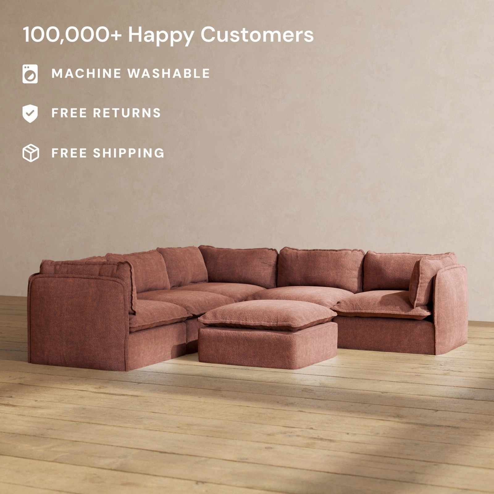 Modular Performance 5-Seater Corner Sectional   Ottoman in Chestnut | Deluxe Blend