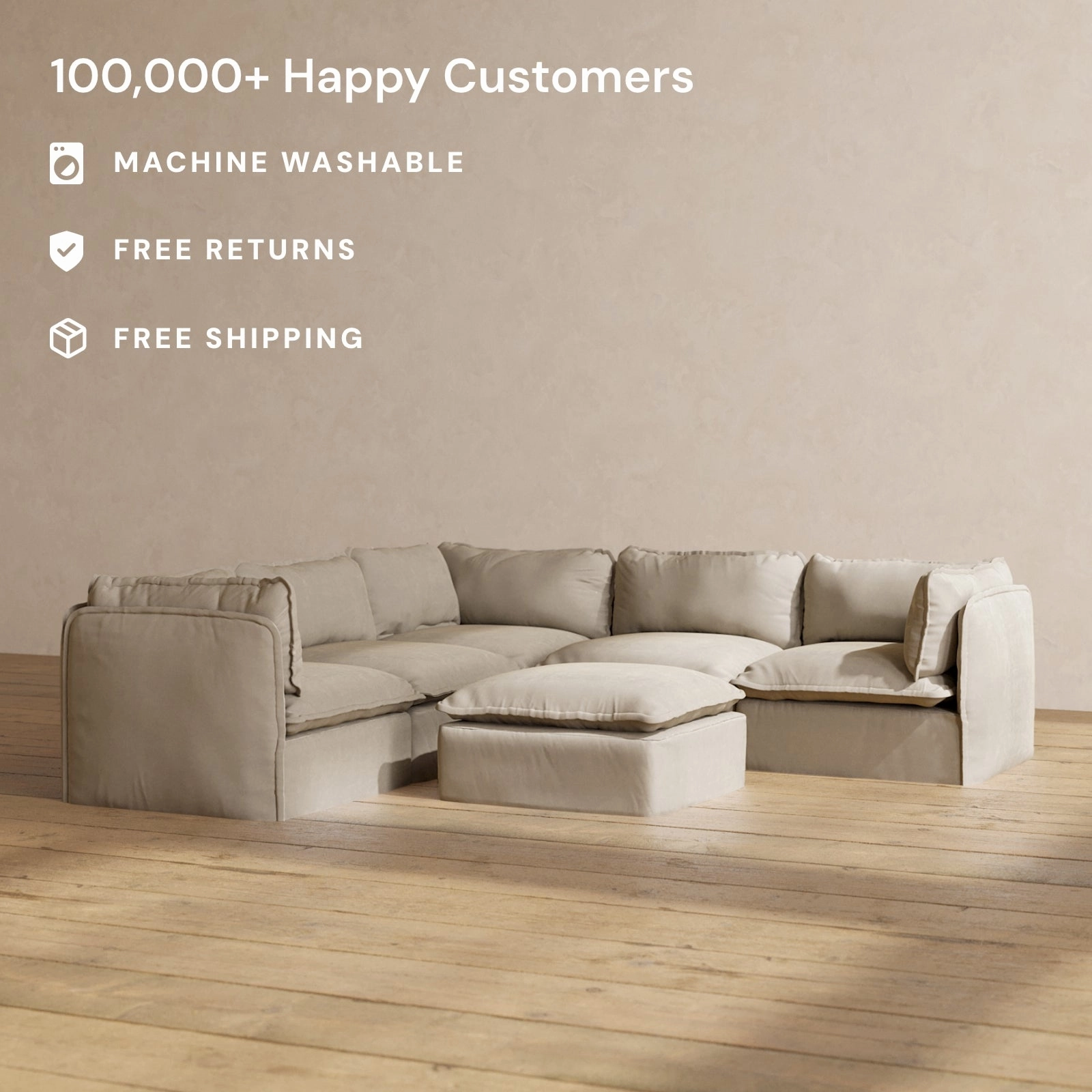 Modular Performance 5-Seater Corner Sectional   Ottoman in Dune | Relaxed Blend