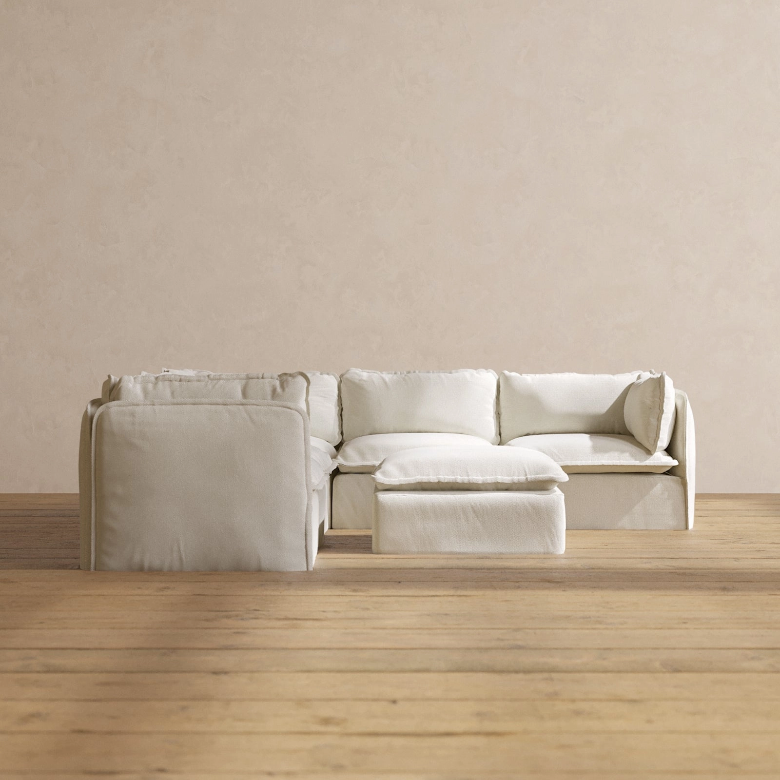 Modular Performance 5-Seater Corner Sectional   Ottoman in Eggshell | Deluxe Blend