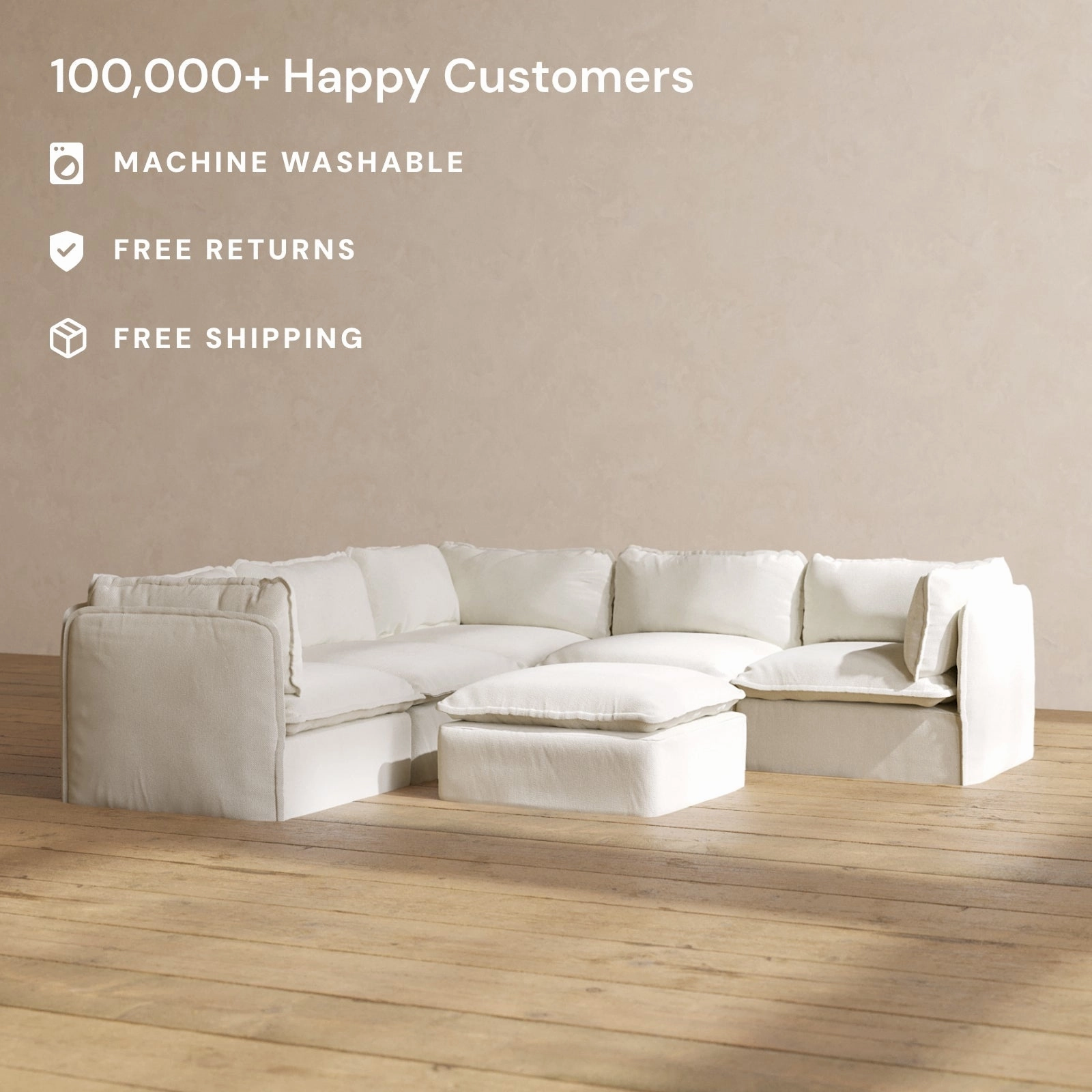 Modular Performance 5-Seater Corner Sectional   Ottoman in Eggshell | Deluxe Blend