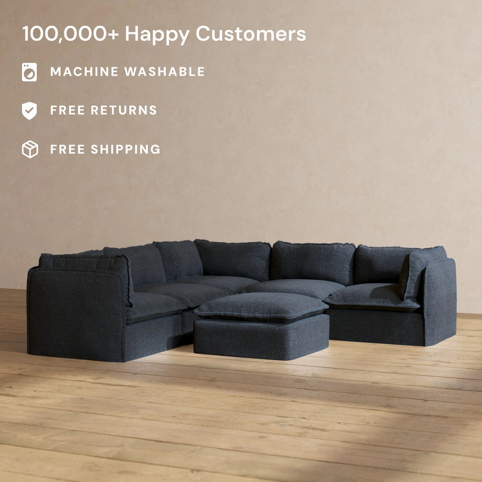 Modular Performance 5-Seater Corner Sectional   Ottoman in Indigo | Deluxe Blend