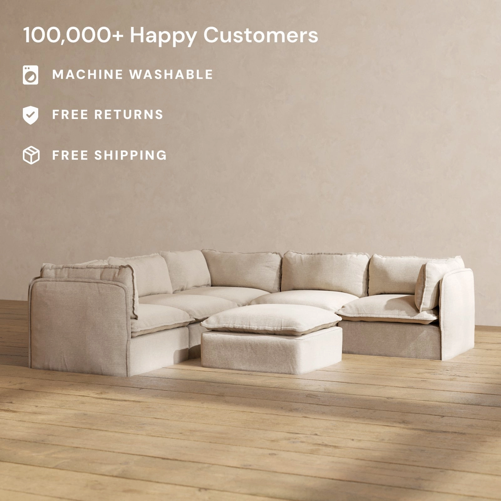 Modular Performance 5-Seater Corner Sectional   Ottoman in Oat | Deluxe Blend