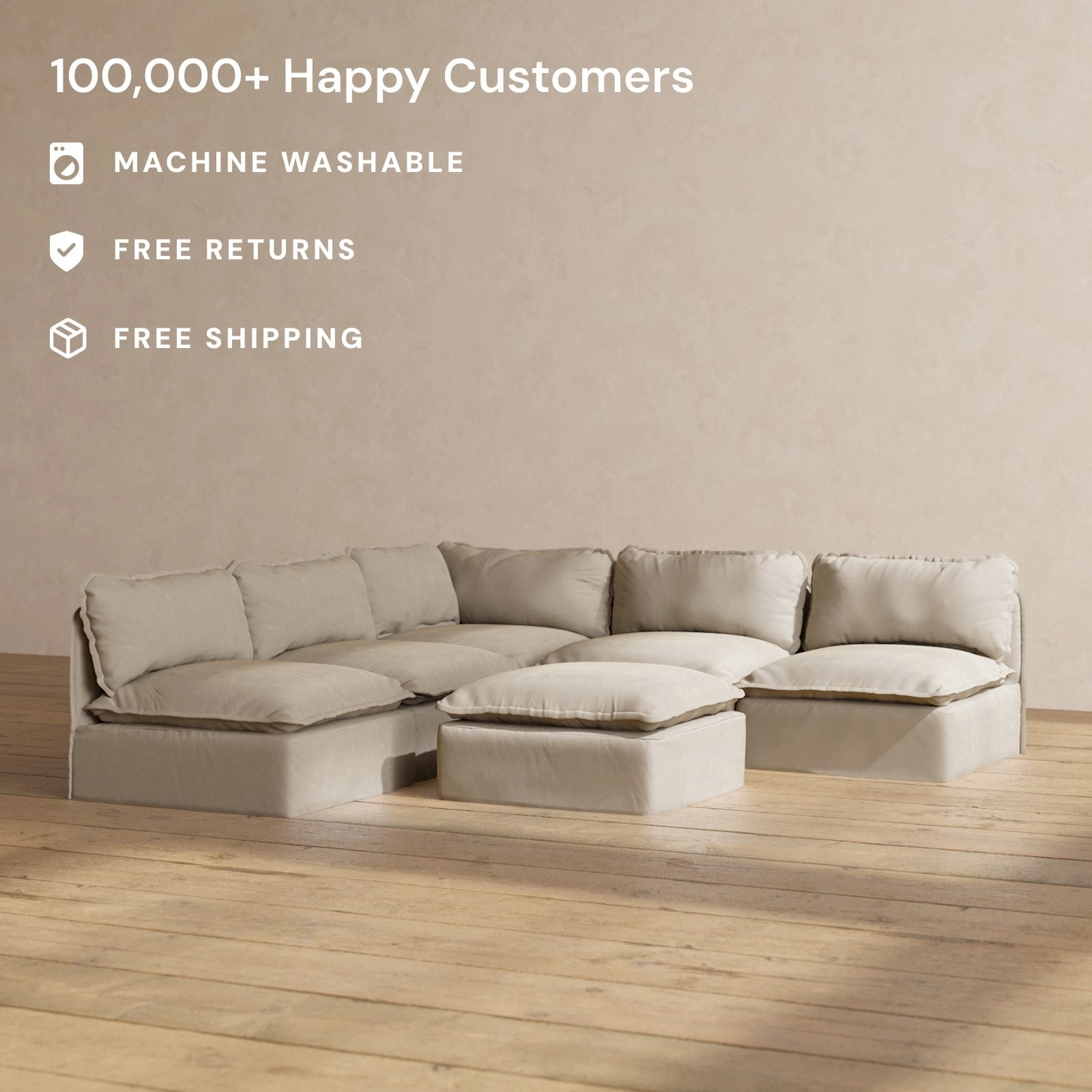 Modular Performance 5-Seater Open-Ends Corner Sectional   Ottoman in Dune | Deluxe Blend