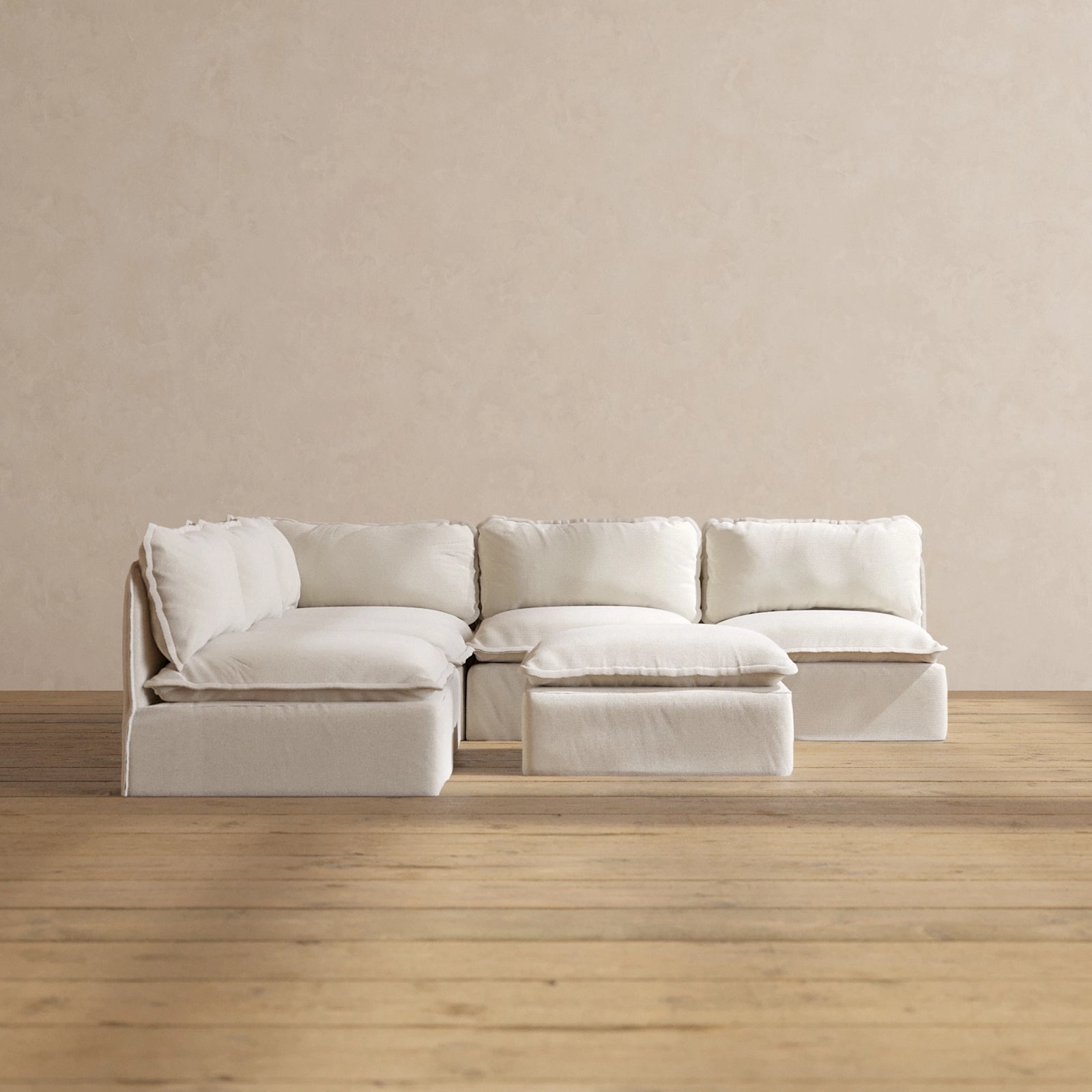 Modular Performance 5-Seater Open-Ends Corner Sectional   Ottoman in Flour | Relaxed Blend