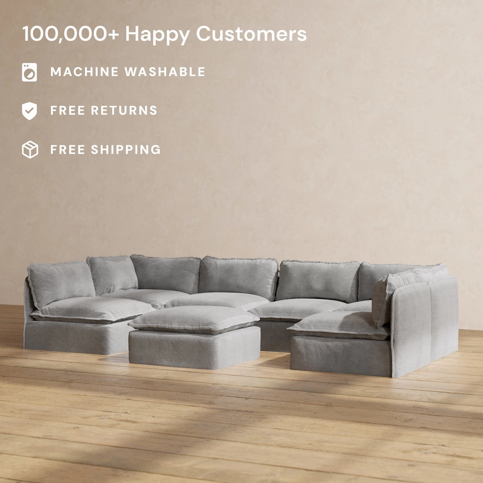 Modular Performance 6-Seater Open-Ends U-Sectional   Ottoman in Ash | Deluxe Blend