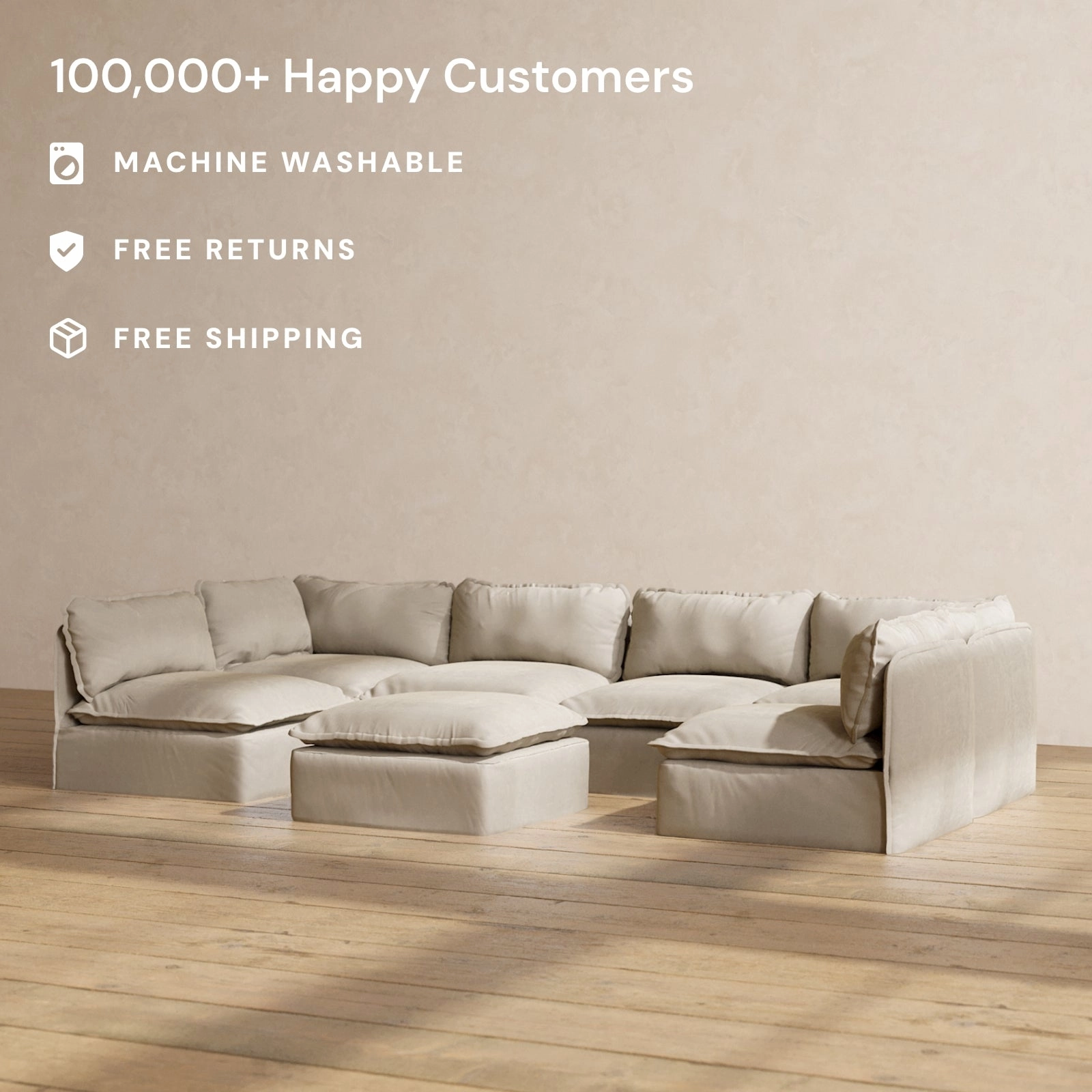 Modular Performance 6-Seater Open-Ends U-Sectional   Ottoman in Dune | Relaxed Blend