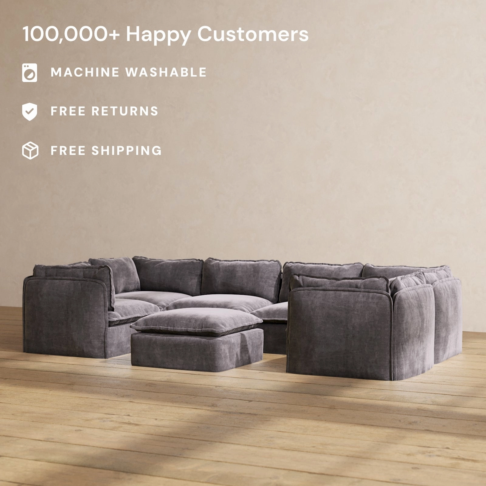 Modular Performance 6-Seater U-Sectional   Ottoman in Cinder | Deluxe Blend