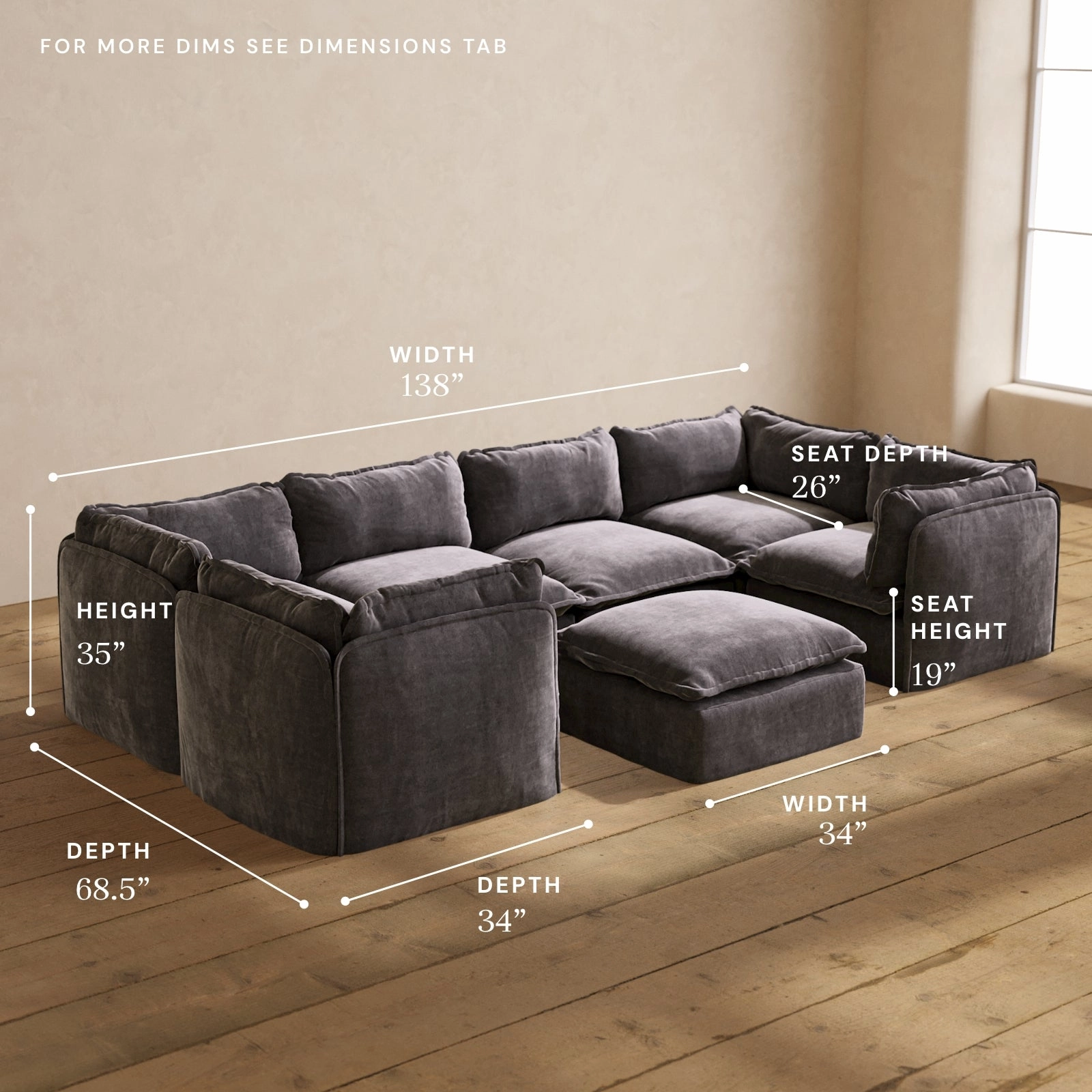 Modular Performance 6-Seater U-Sectional   Ottoman in Cinder | Deluxe Blend