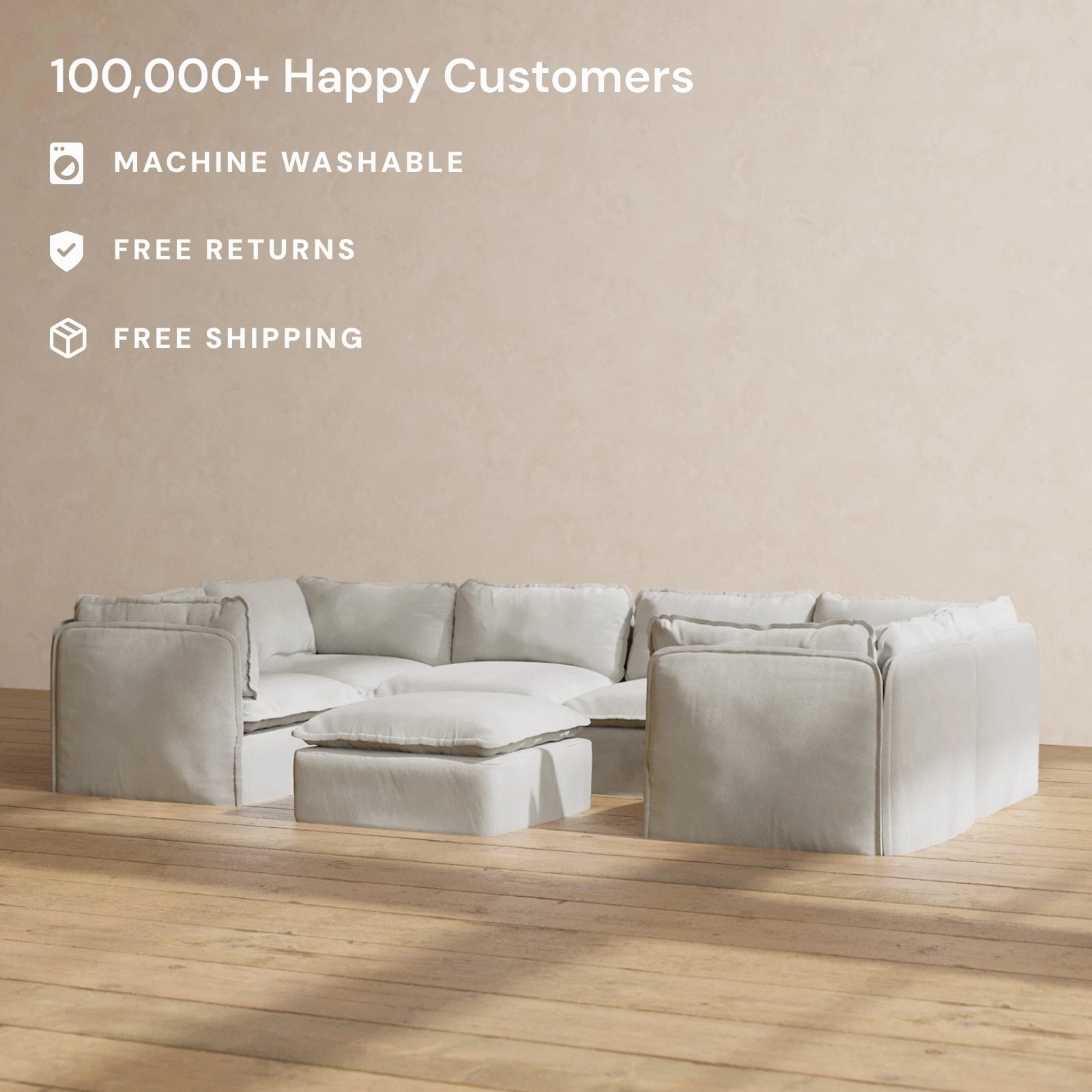 Modular Performance 6-Seater U-Sectional   Ottoman in Cloud | Relaxed Blend