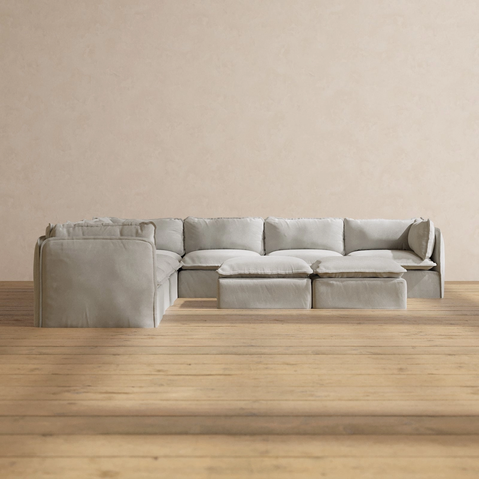 Modular Performance 7-Seater Corner Sectional   Bench Ottoman in Cloud | Deluxe Blend