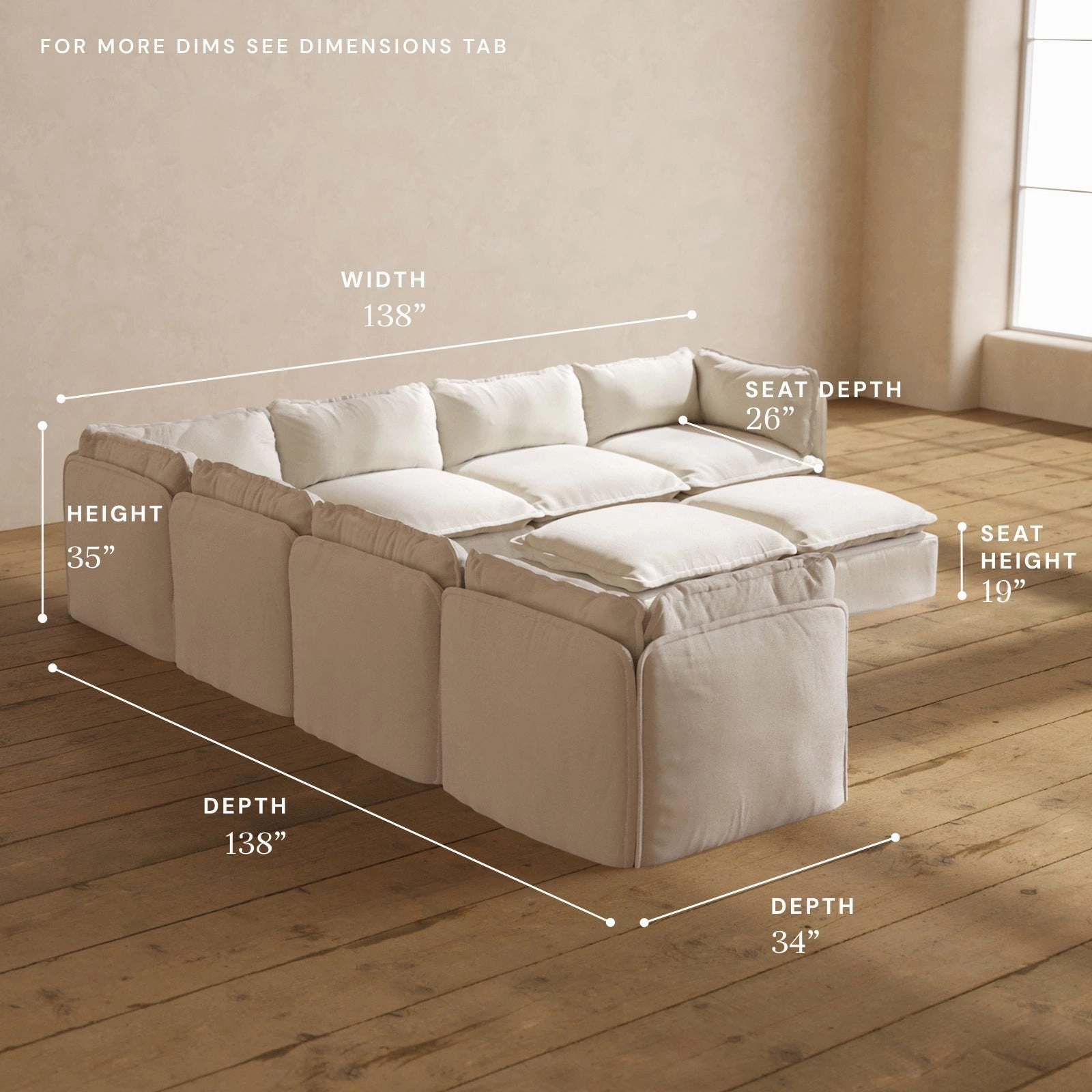 Modular Performance 7-Seater Corner Sectional   Bench Ottoman in Flour | Relaxed Blend