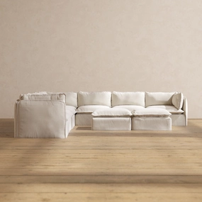 Modular Performance 7-Seater Corner Sectional   Bench Ottoman in Flour | Relaxed Blend