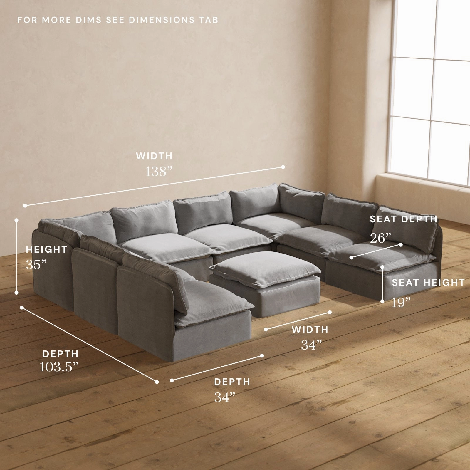 Modular Performance 8-Seater Open-Ends U-Sectional   Ottoman in Ash | Relaxed Blend