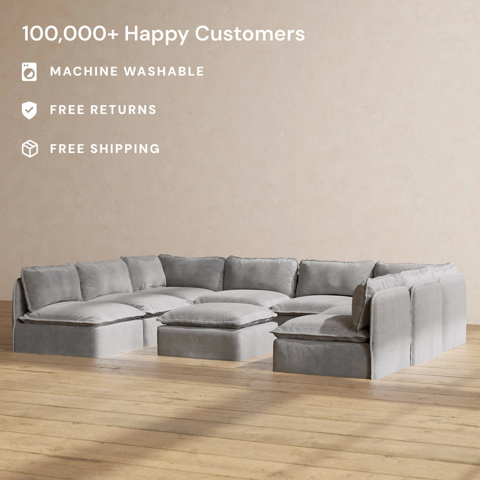 Modular Performance 8-Seater Open-Ends U-Sectional   Ottoman in Ash | Relaxed Blend