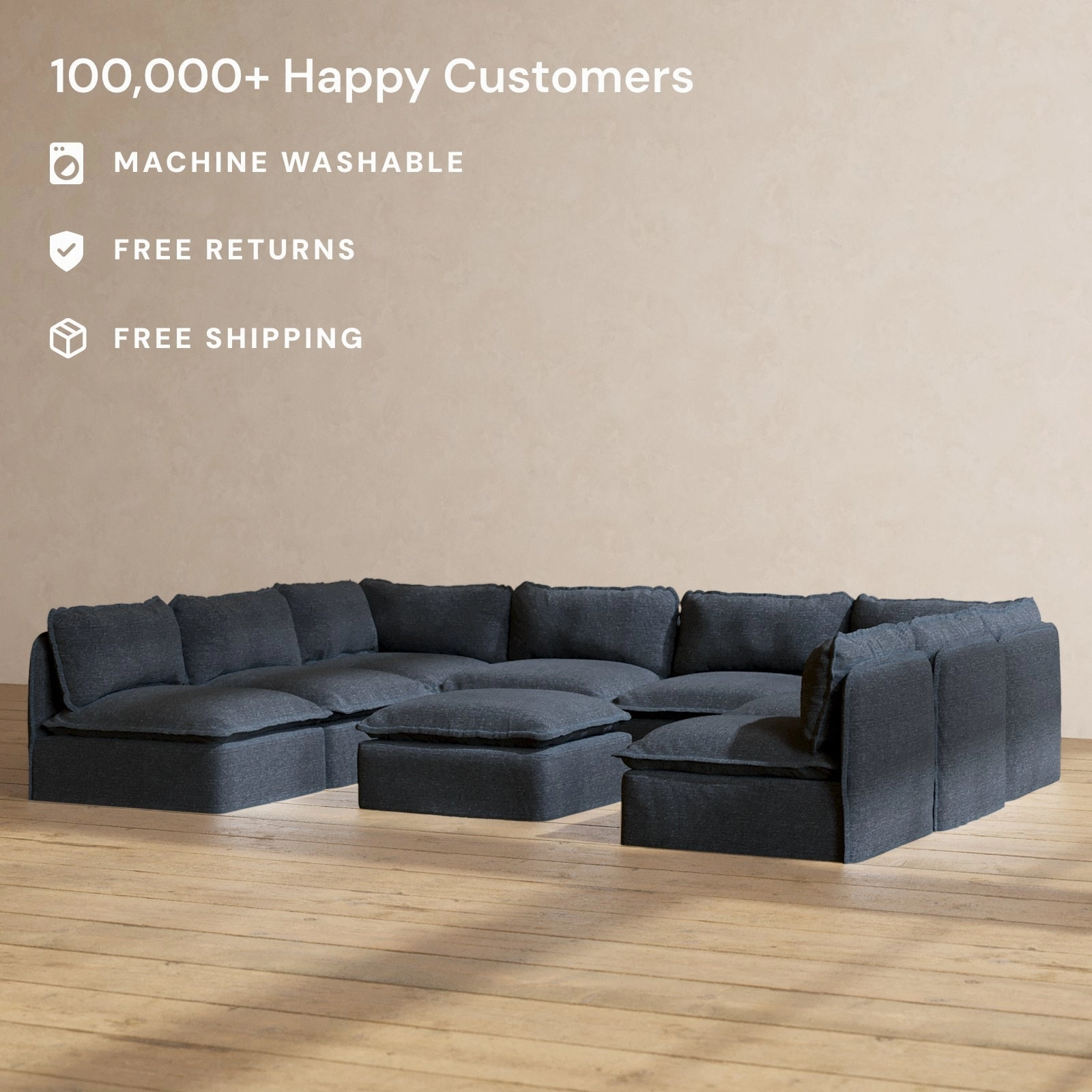 Modular Performance 8-Seater Open-Ends U-Sectional   Ottoman in Indigo | Relaxed Blend