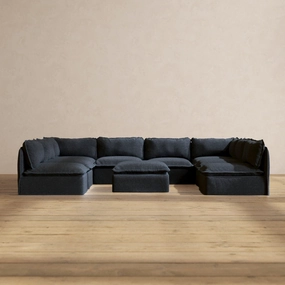 Modular Performance 8-Seater Open-Ends U-Sectional   Ottoman in Indigo | Relaxed Blend