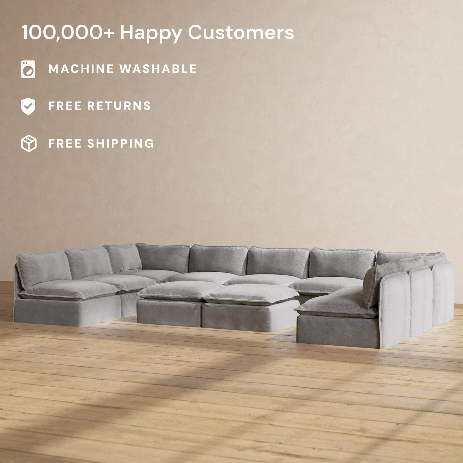 Modular Performance 9-Seater Open-Ends U-Sectional   Bench Ottoman in Ash | Deluxe Blend