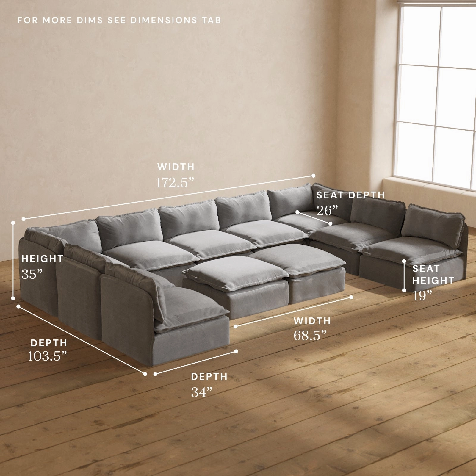 Modular Performance 9-Seater Open-Ends U-Sectional   Bench Ottoman in Ash | Deluxe Blend