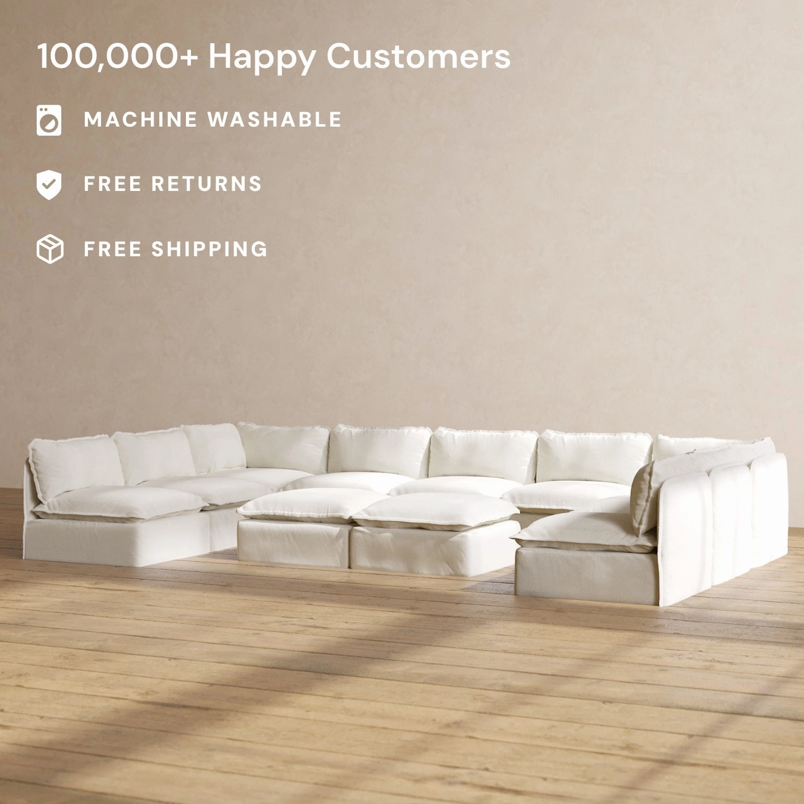 Modular Performance 9-Seater Open-Ends U-Sectional   Bench Ottoman in Eggshell | Relaxed Blend