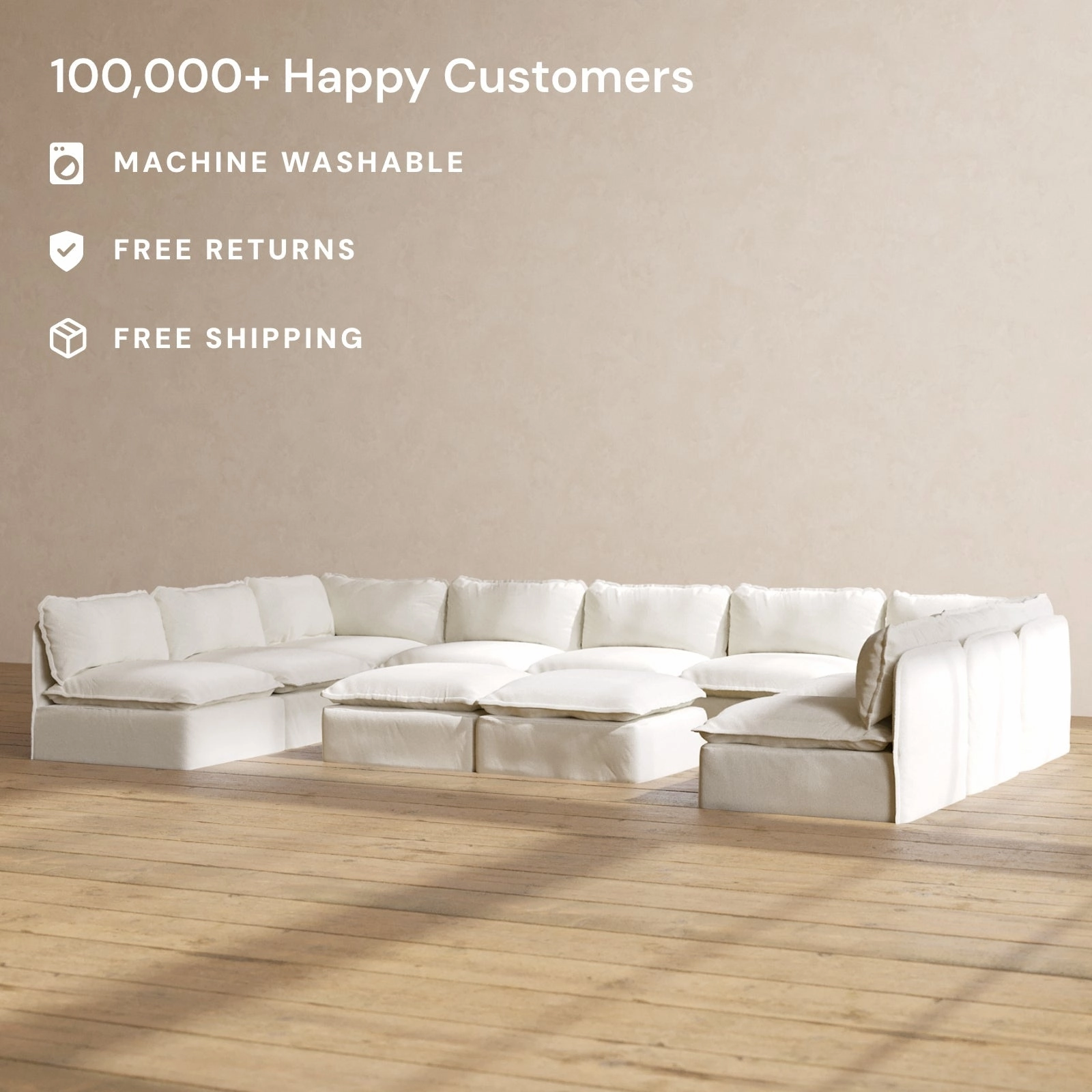 Modular Performance 9-Seater Open-Ends U-Sectional   Bench Ottoman in Eggshell | Relaxed Blend