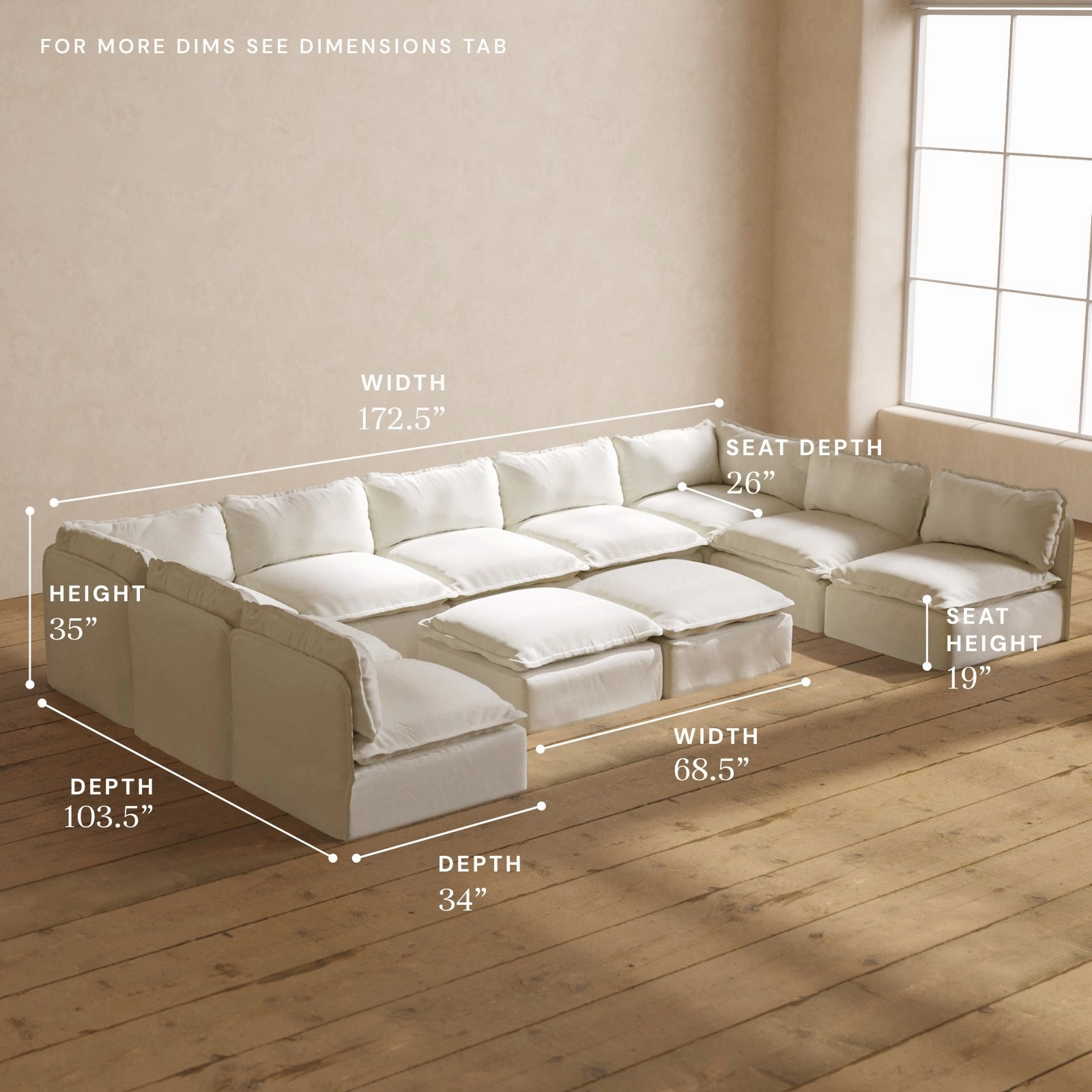 Modular Performance 9-Seater Open-Ends U-Sectional   Bench Ottoman in Eggshell | Relaxed Blend