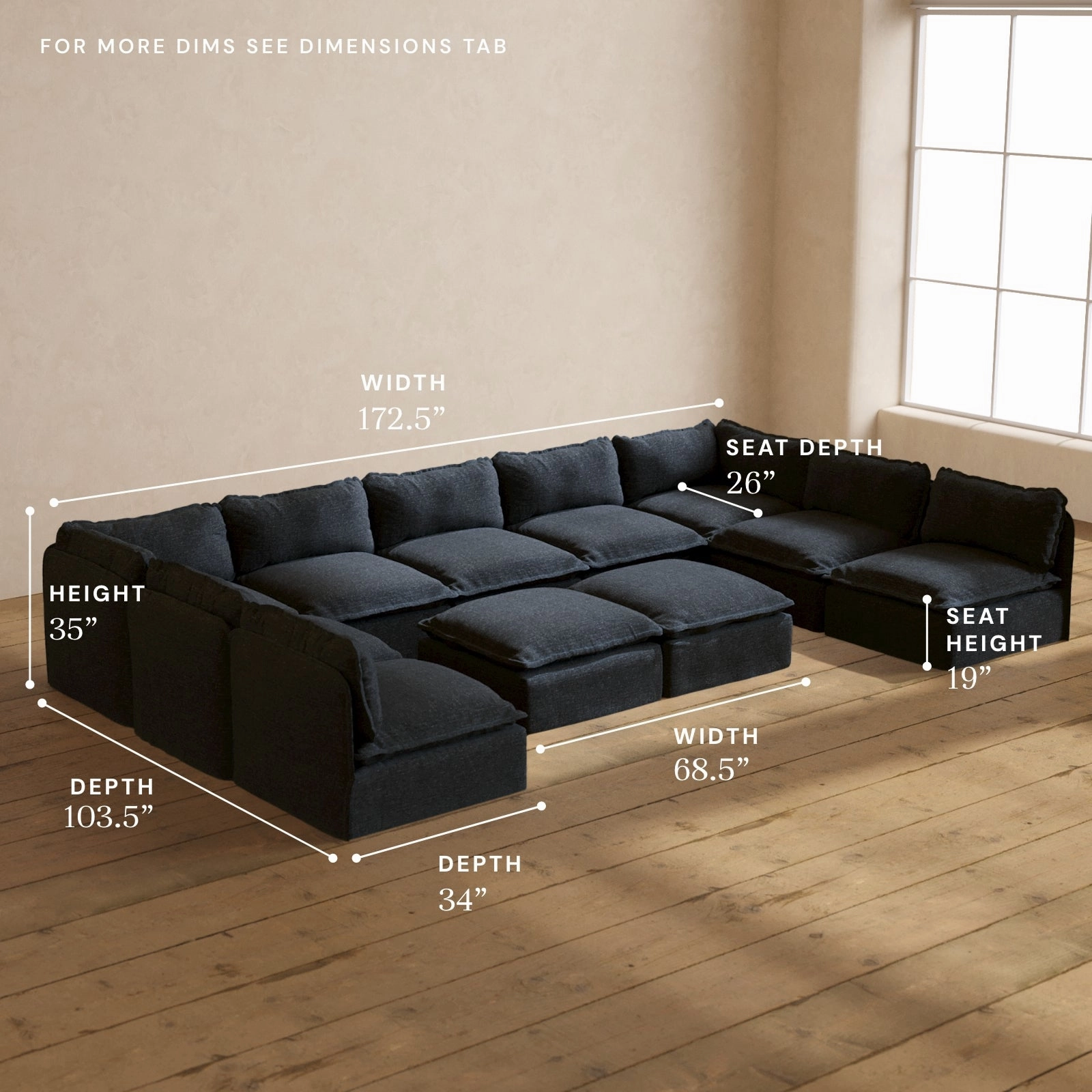 Modular Performance 9-Seater Open-Ends U-Sectional   Bench Ottoman in Indigo | Relaxed Blend