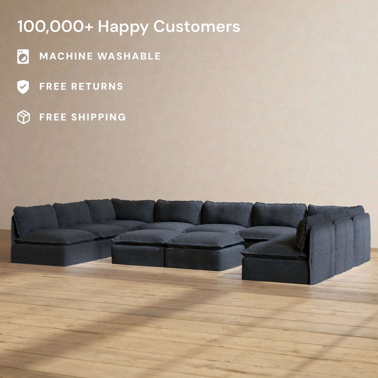 Modular Performance 9-Seater Open-Ends U-Sectional   Bench Ottoman in Indigo | Relaxed Blend