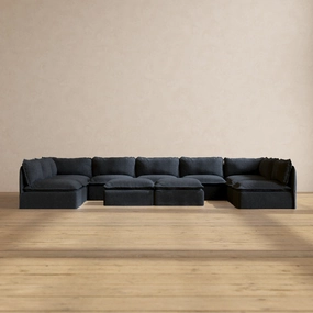 Modular Performance 9-Seater Open-Ends U-Sectional   Bench Ottoman in Indigo | Relaxed Blend