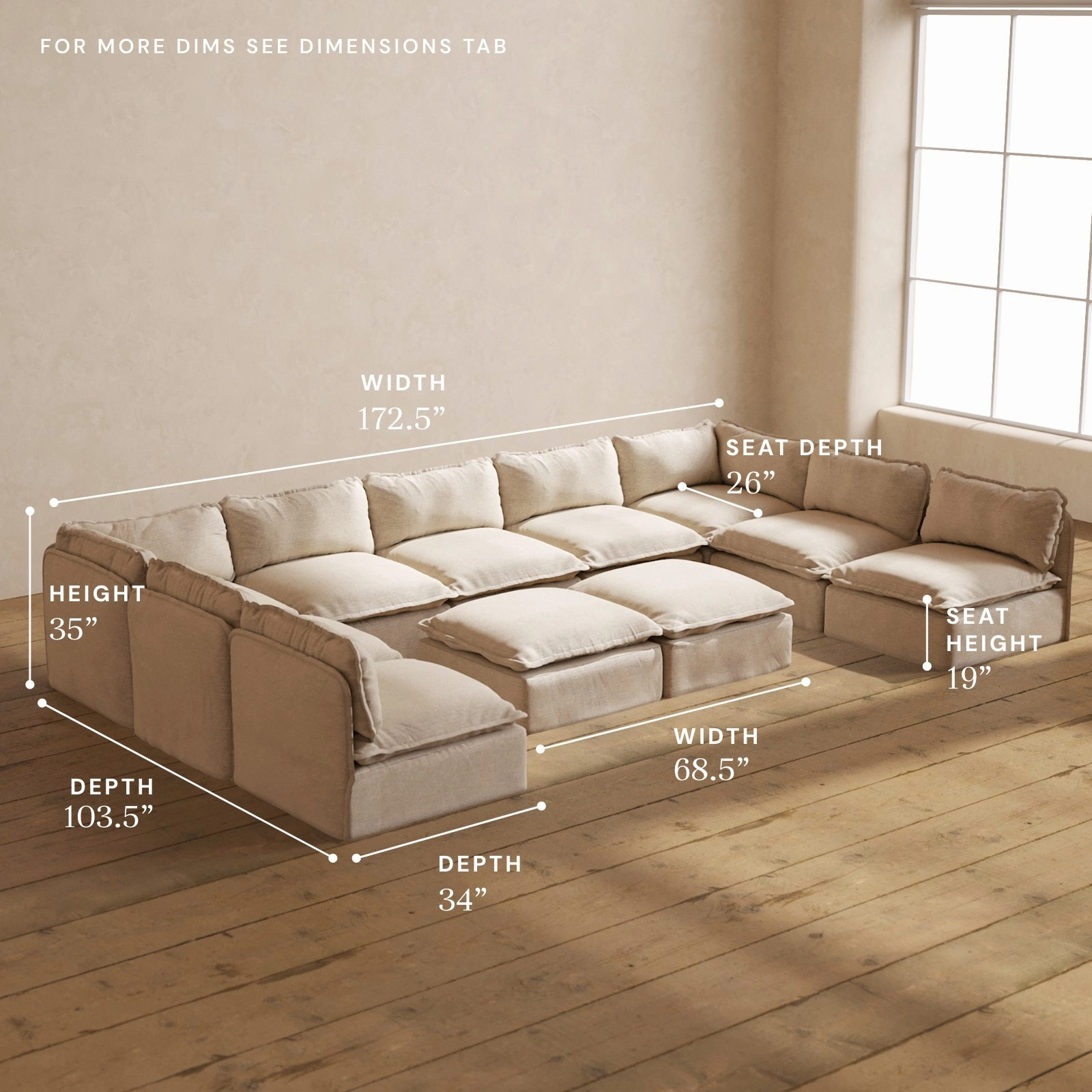 Modular Performance 9-Seater Open-Ends U-Sectional   Bench Ottoman in Oat | Deluxe Blend