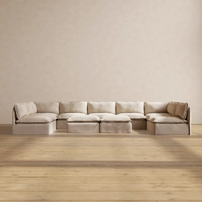 Modular Performance 9-Seater Open-Ends U-Sectional   Bench Ottoman in Oat | Deluxe Blend