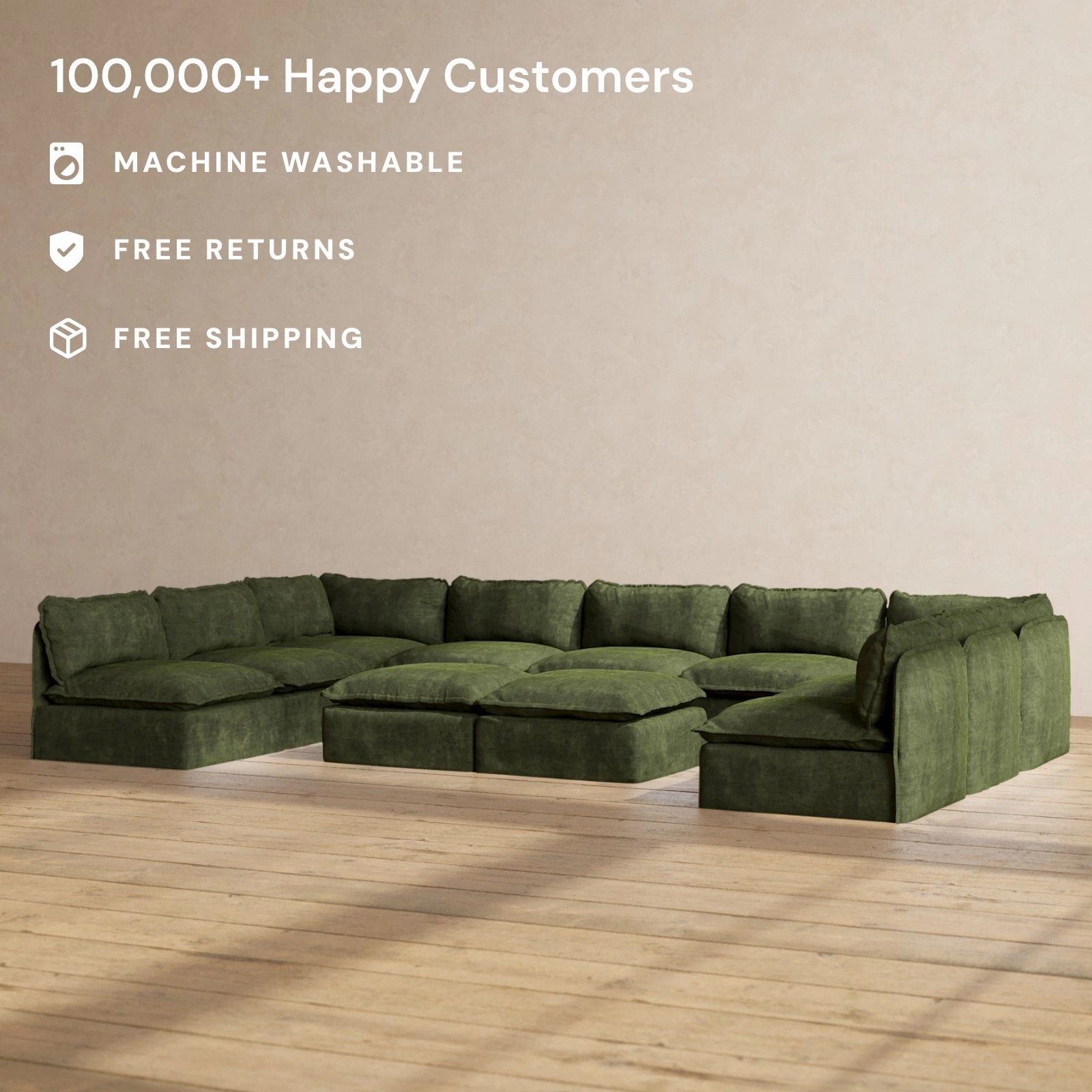 Modular Performance 9-Seater Open-Ends U-Sectional   Bench Ottoman in Olive | Deluxe Blend