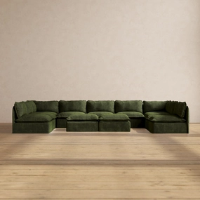 Modular Performance 9-Seater Open-Ends U-Sectional   Bench Ottoman in Olive | Deluxe Blend
