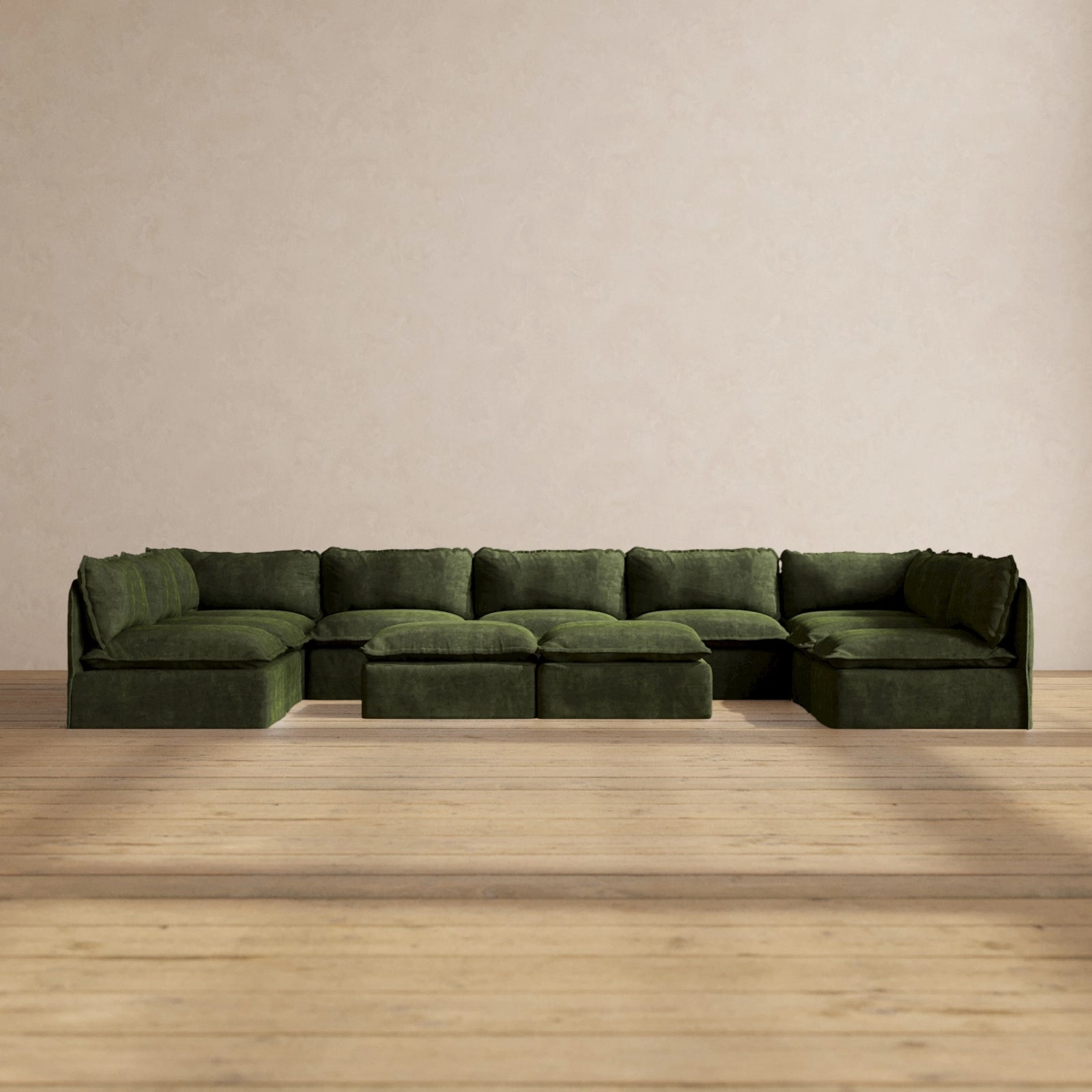Modular Performance 9-Seater Open-Ends U-Sectional   Bench Ottoman in Olive | Deluxe Blend