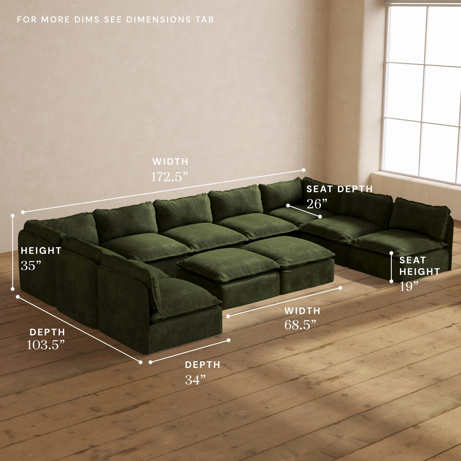 Modular Performance 9-Seater Open-Ends U-Sectional   Bench Ottoman in Olive | Deluxe Blend