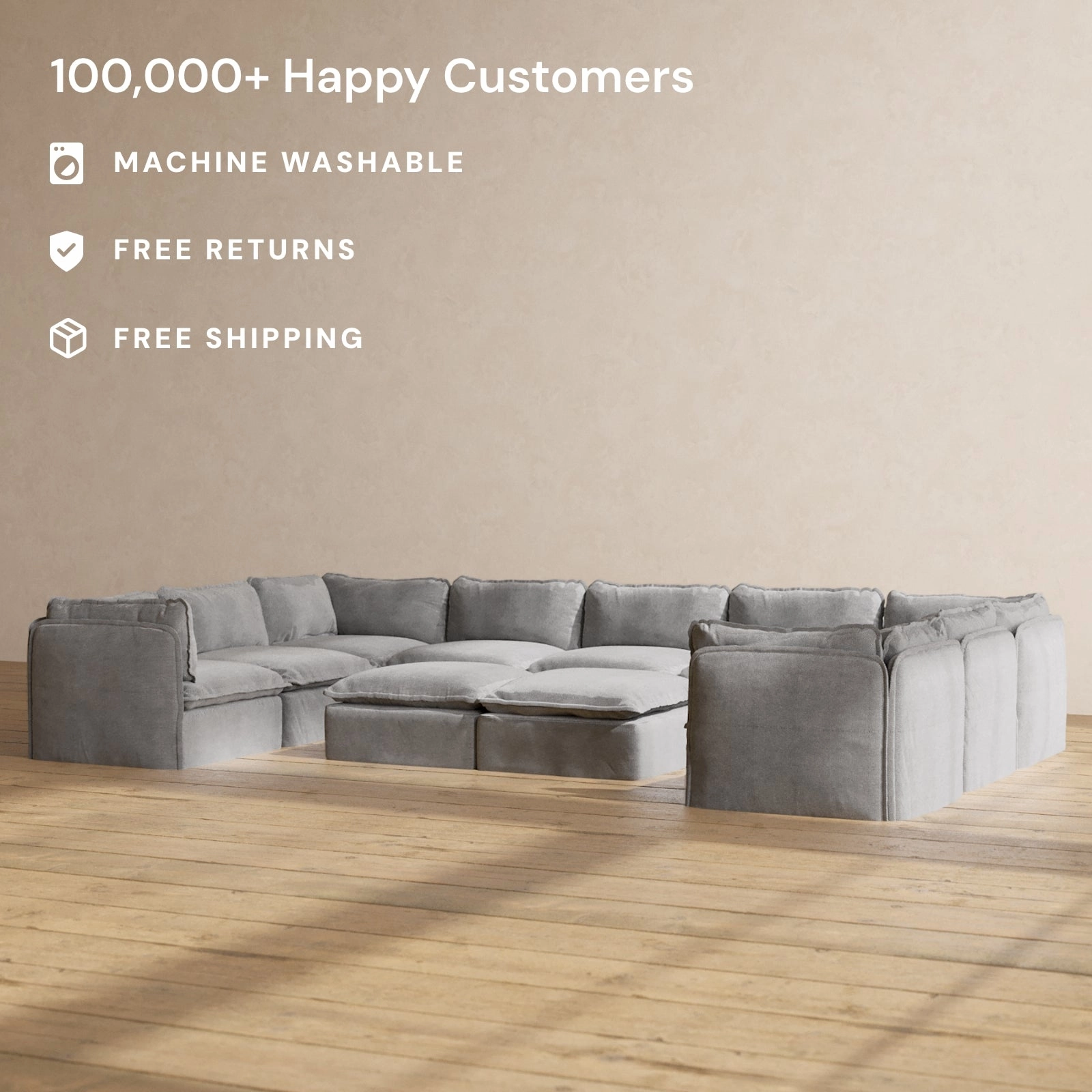 Modular Performance 9-Seater U-Sectional   Bench Ottoman in Ash | Deluxe Blend