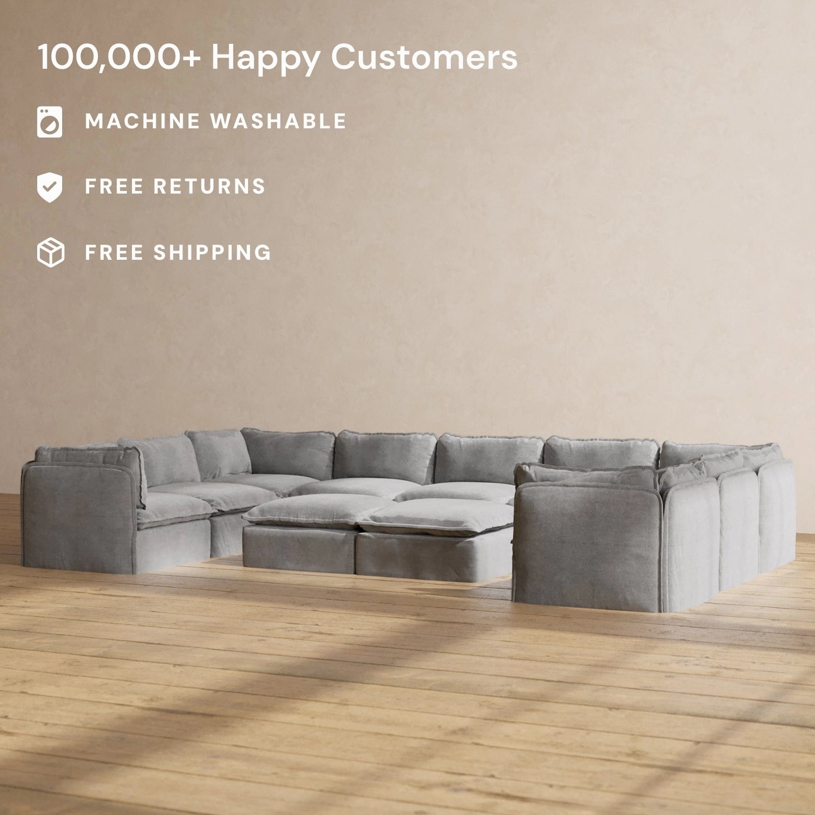 Modular Performance 9-Seater U-Sectional   Bench Ottoman in Ash | Relaxed Blend