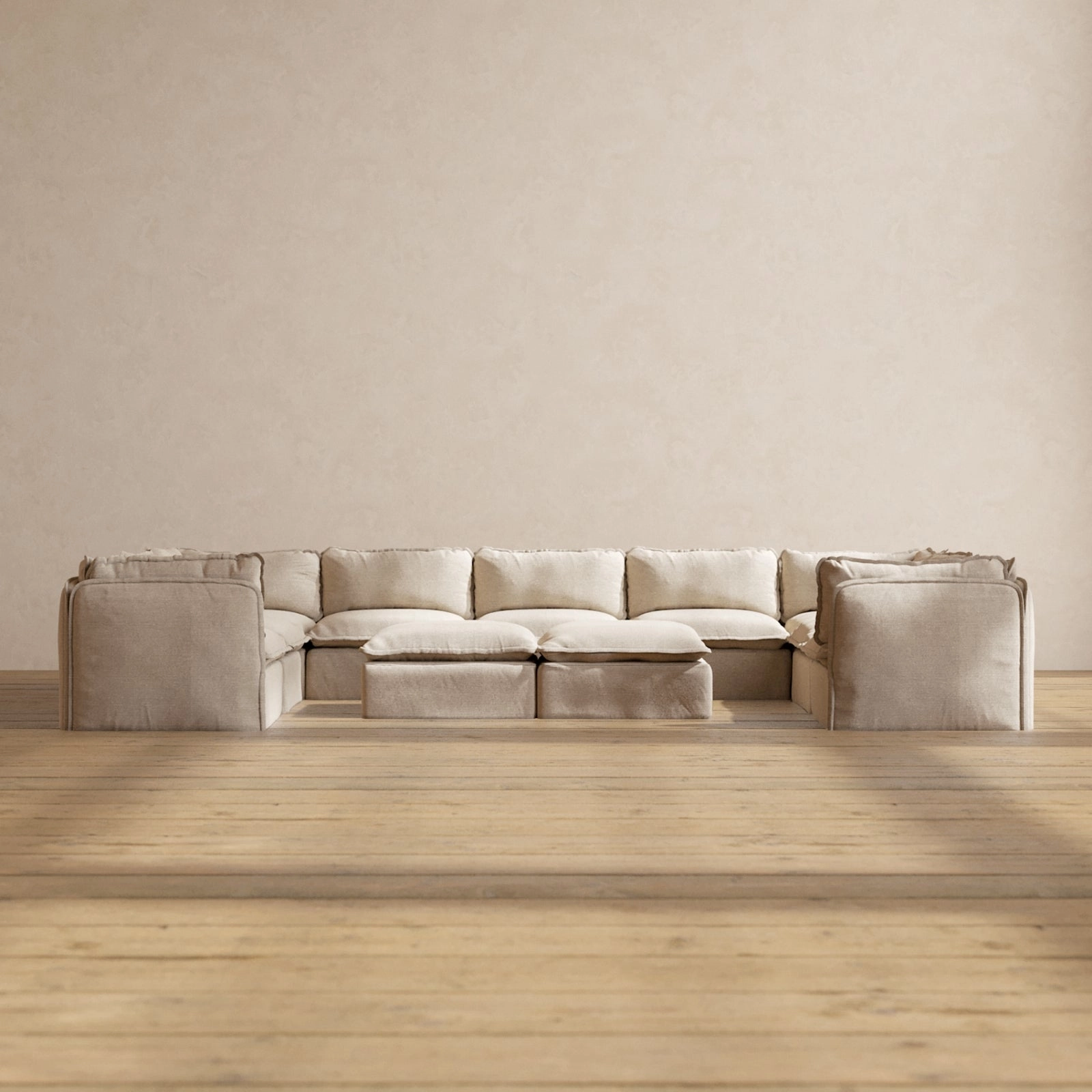 Modular Performance 9-Seater U-Sectional   Bench Ottoman in Oat | Relaxed Blend