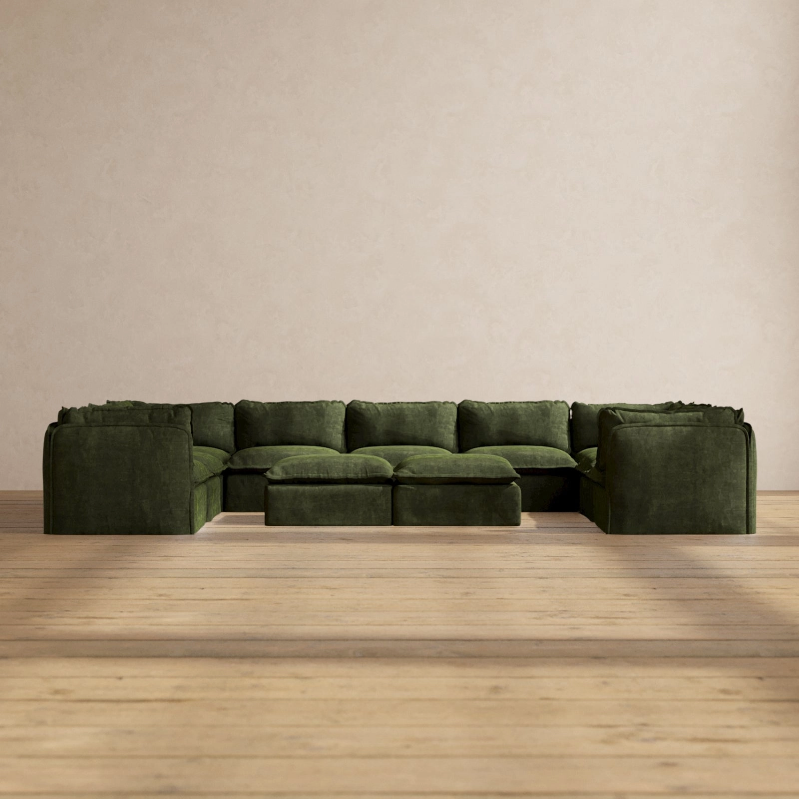 Modular Performance 9-Seater U-Sectional   Bench Ottoman in Olive | Relaxed Blend