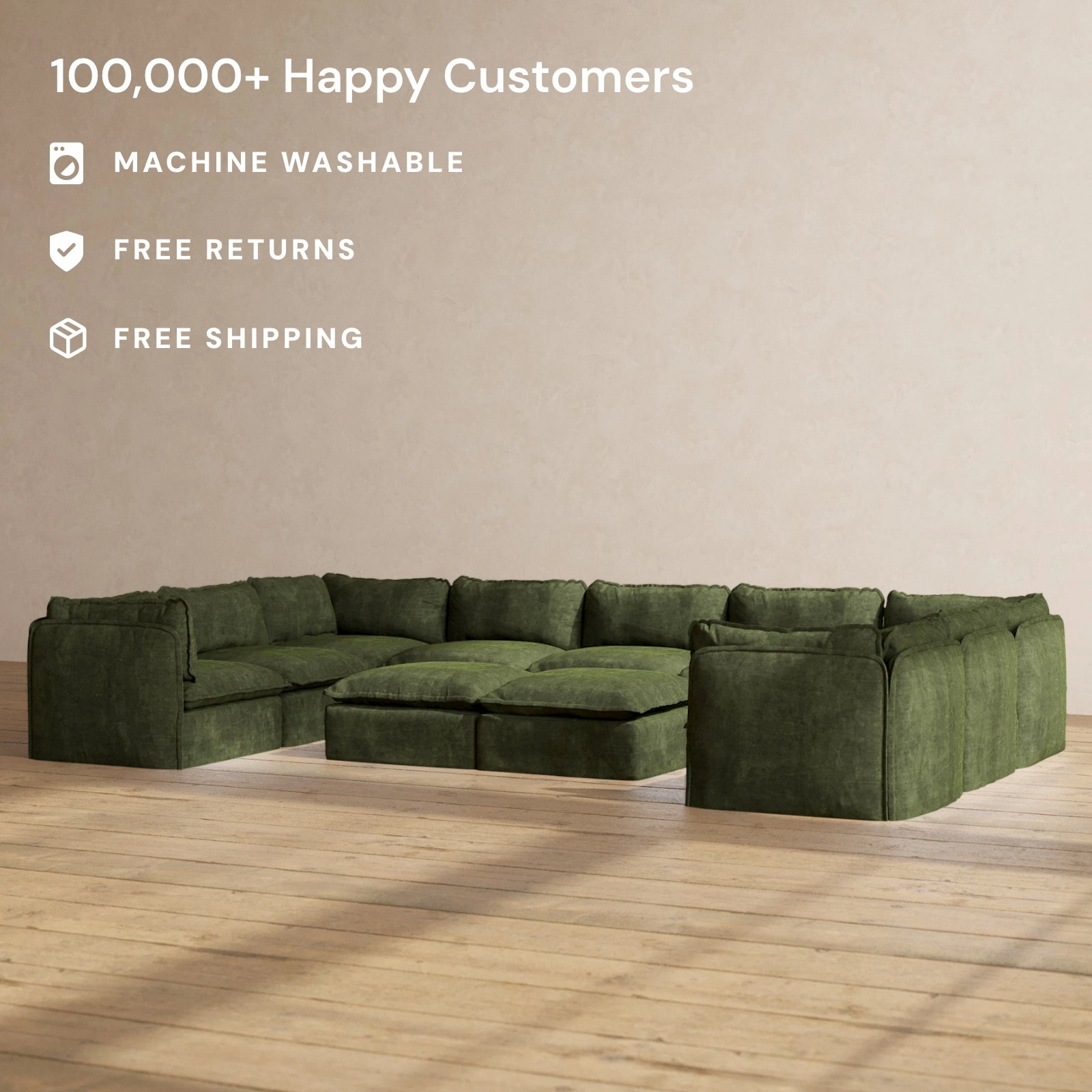Modular Performance 9-Seater U-Sectional   Bench Ottoman in Olive | Relaxed Blend