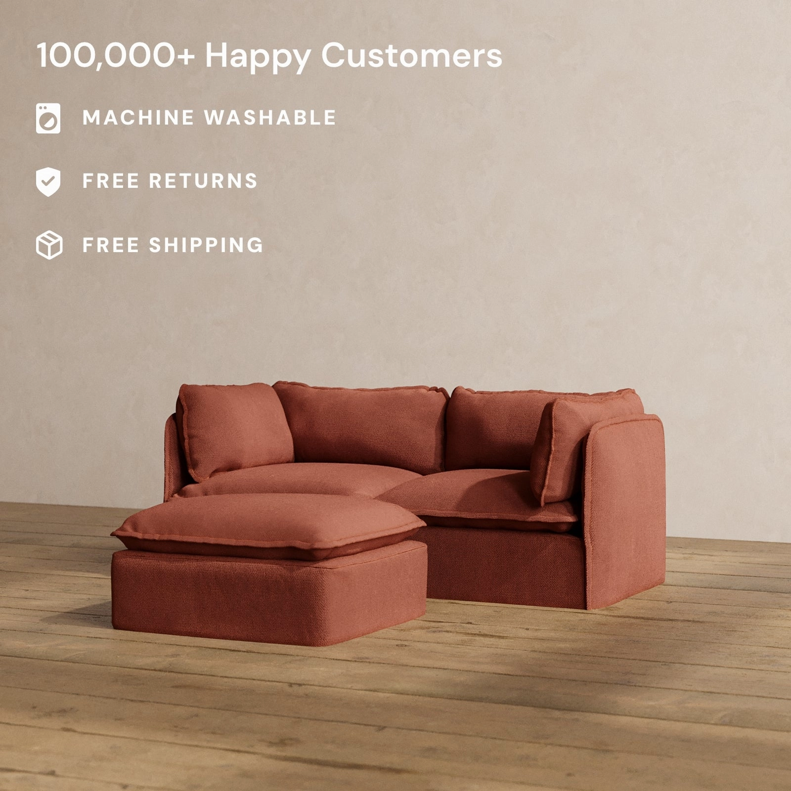 Modular Washable 2-Seater   Ottoman in Rust | Deluxe  Seat | Cloud Pillow