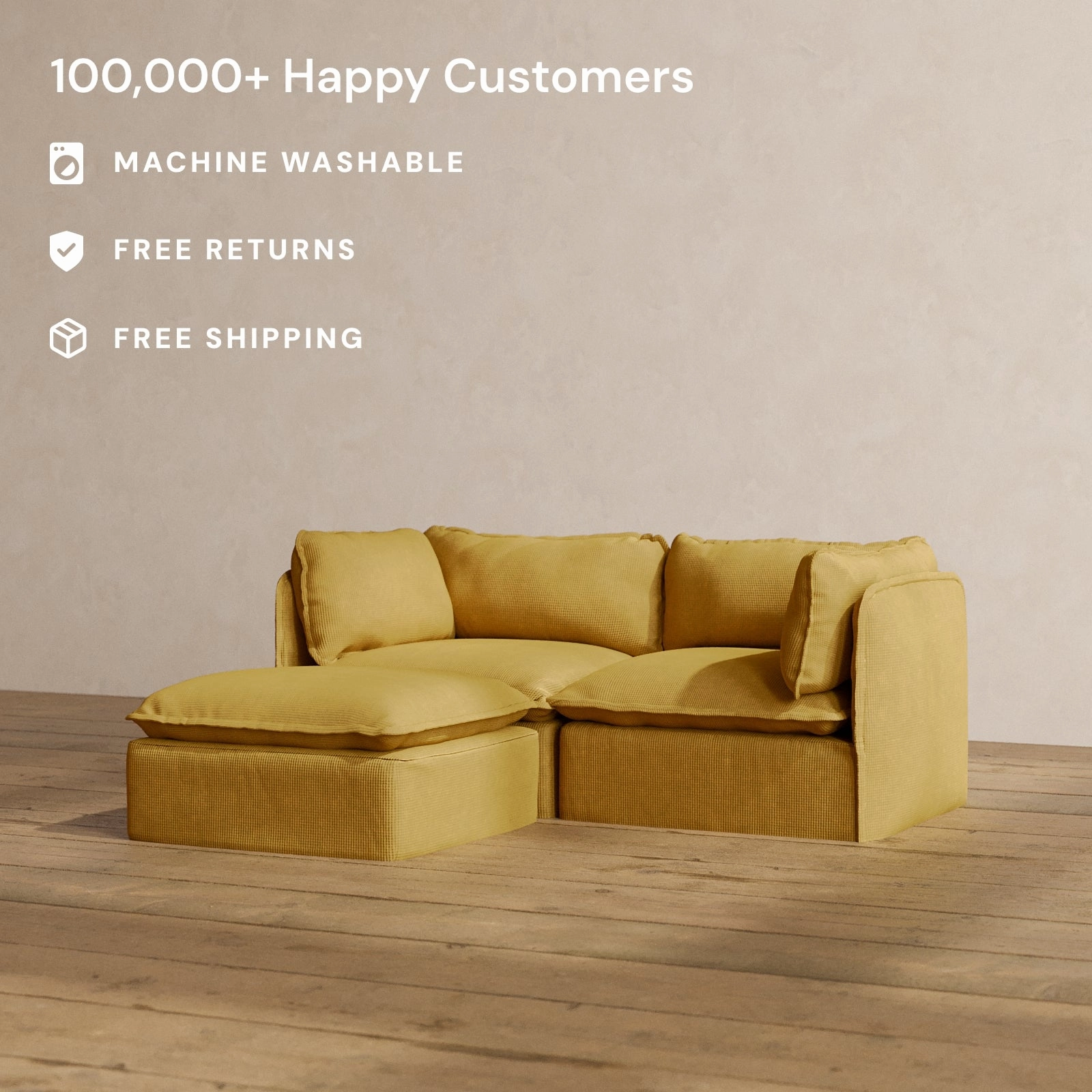 Modular Washable 2-Seater Sectional in Kiiro | Deluxe  Seat | Cloud Pillow