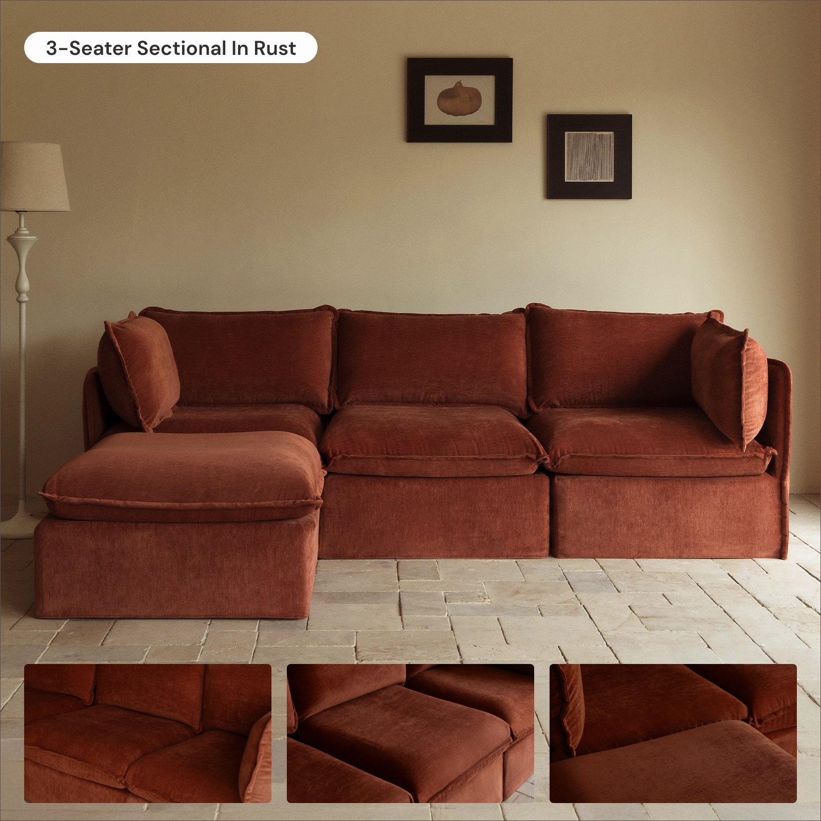 Modular Washable 2-Seater Sectional in Rust | Deluxe  Seat | Cloud Pillow