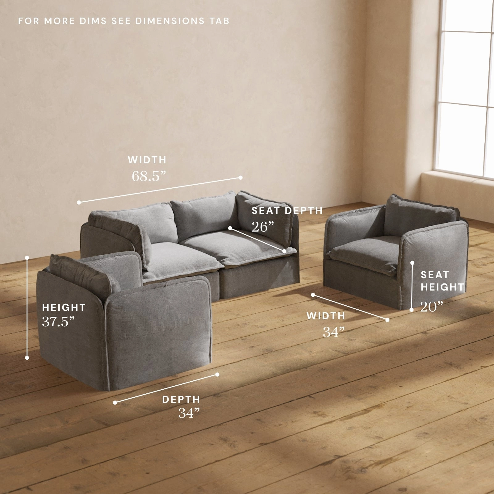 Modular Washable 2-Seater Sofa   Armchair Set in Ash | Deluxe  Seat | Cloud Pillow