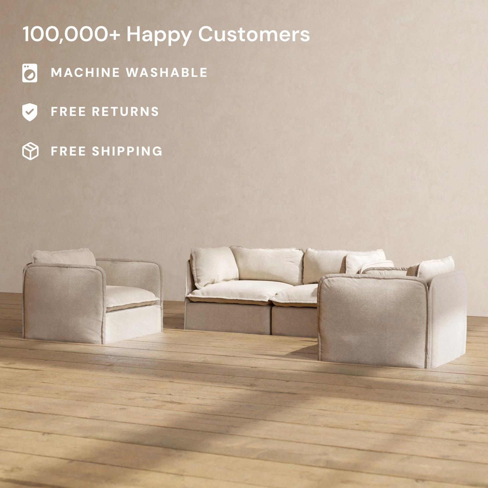 Modular Washable 2-Seater Sofa   Armchair Set in Oat | Deluxe  Seat | Cloud Pillow