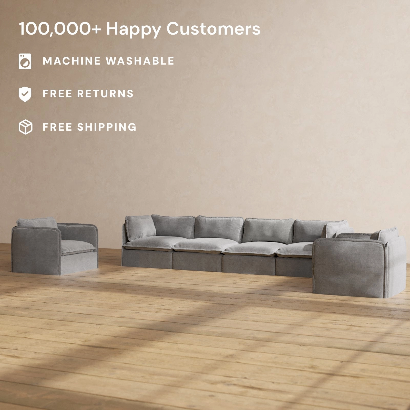 Modular Washable 4-Seater Sofa   Armchair Set in Ash | Deluxe  Seat | Cloud Pillow