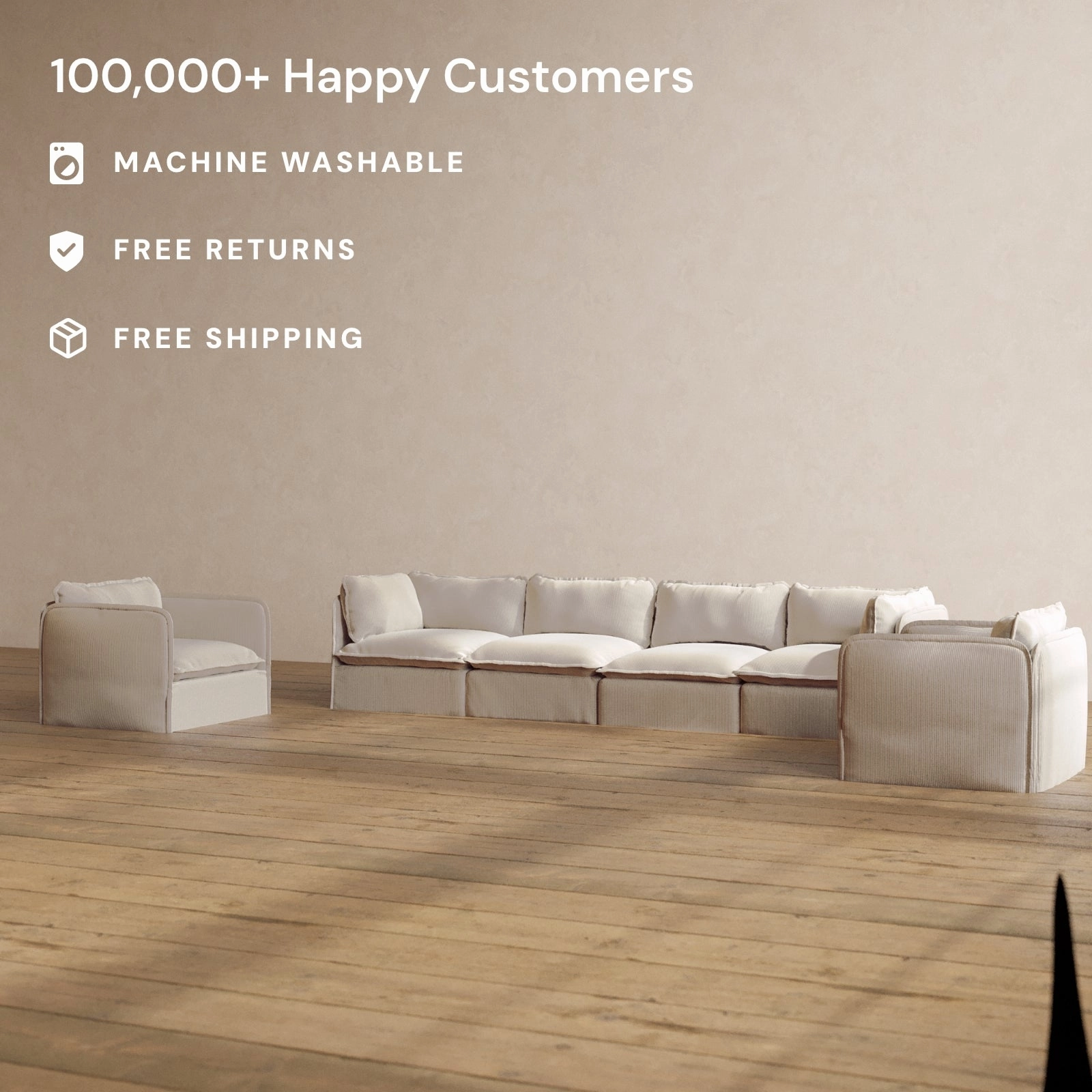 Modular Washable 4-Seater Sofa   Armchair Set in Milk | Deluxe  Seat | Cloud Pillow
