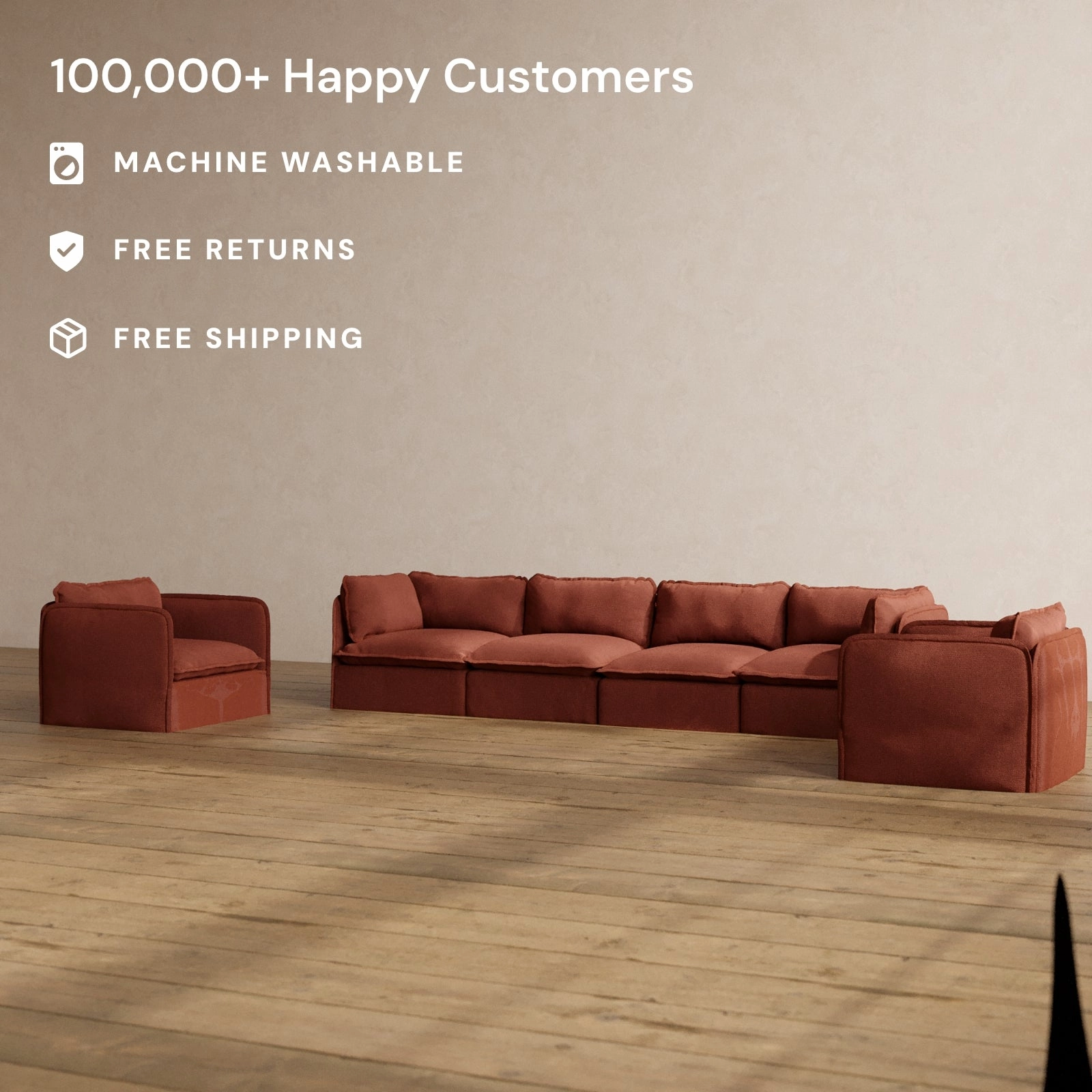 Modular Washable 4-Seater Sofa   Armchair Set in Rust | Deluxe  Seat | Cloud Pillow