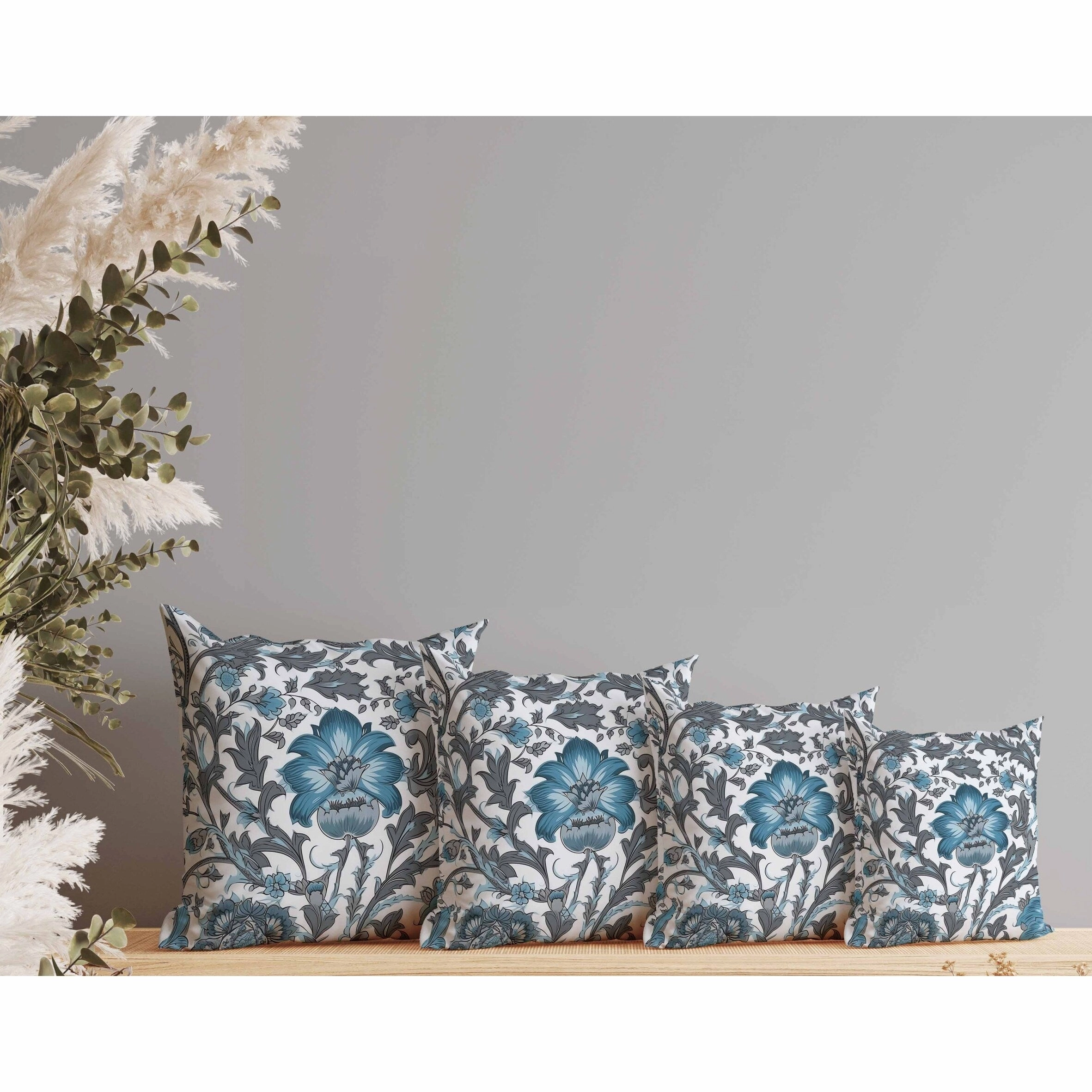 Mughal Era Garden Treasures Faux Suede Reversible Throw Pillow Grey and Blue