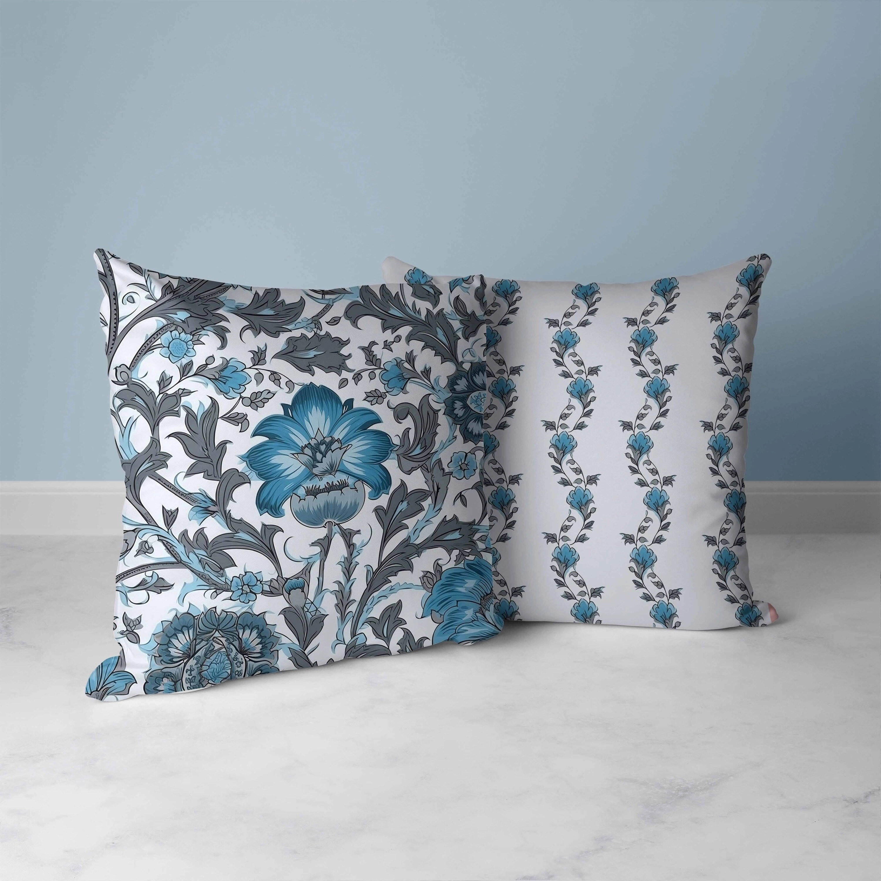 Mughal Era Garden Treasures Faux Suede Reversible Throw Pillow Grey and Blue