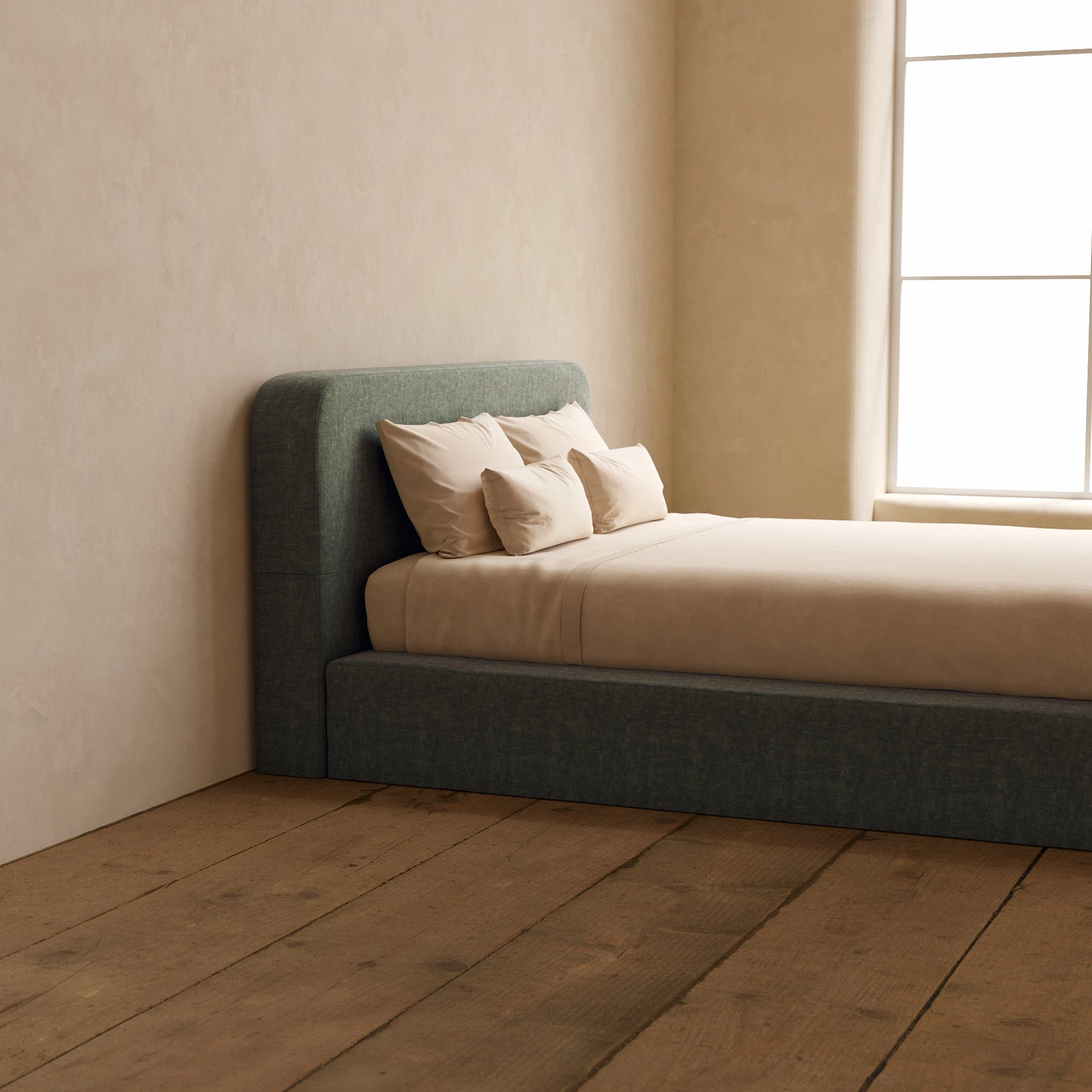 Queen Upholstered Platform Bed   Headboard | Heirloom Velvet in Willow